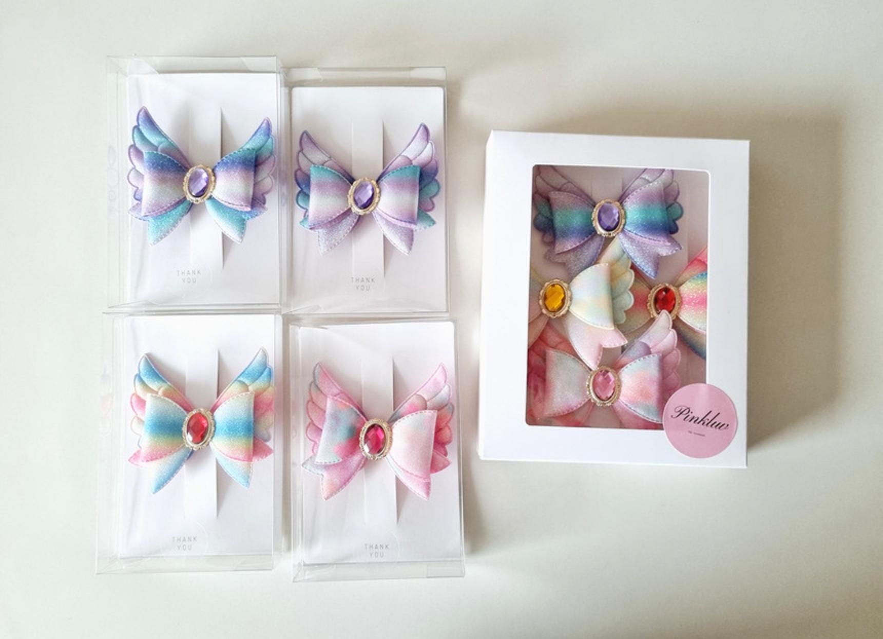 Rainbow Sherbet Angel Wing Gem Hair Clip – Kids pin Korean anime cosplay catchy teenie jewel princess Halloween party favor [with Pinkluvme]