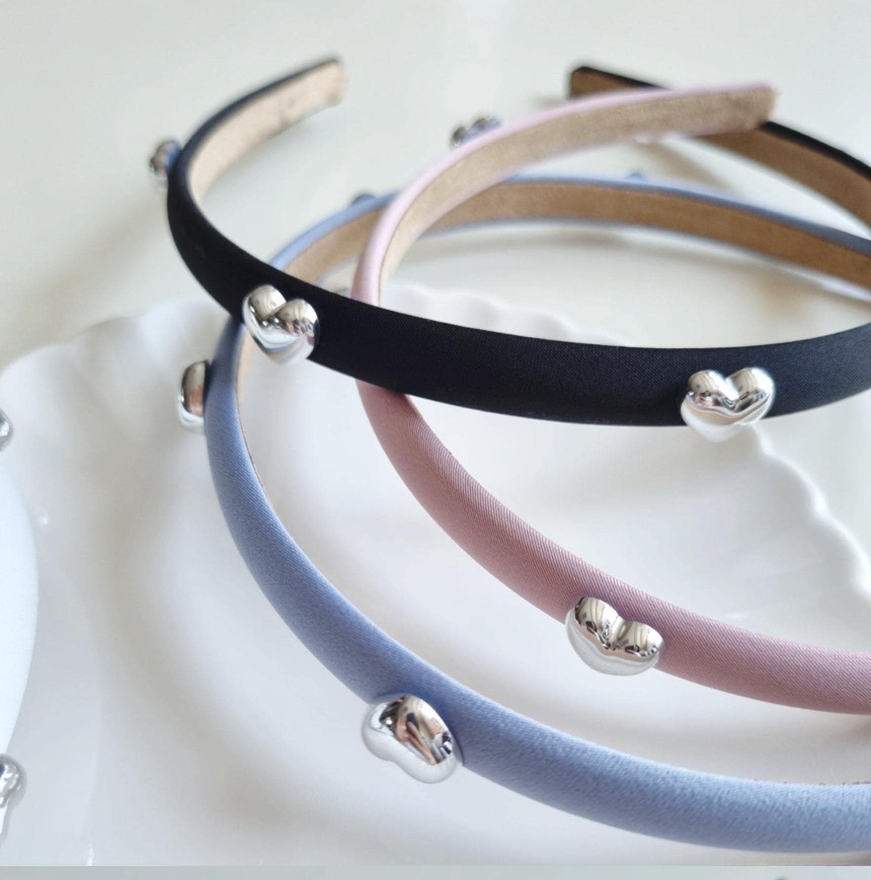 Minimalist Silver Heart Accent Headband Black, Pink, White, Blue | Simple Elegant Hair Accessory Korean handmade Kpop idol [with Pinkluvme]