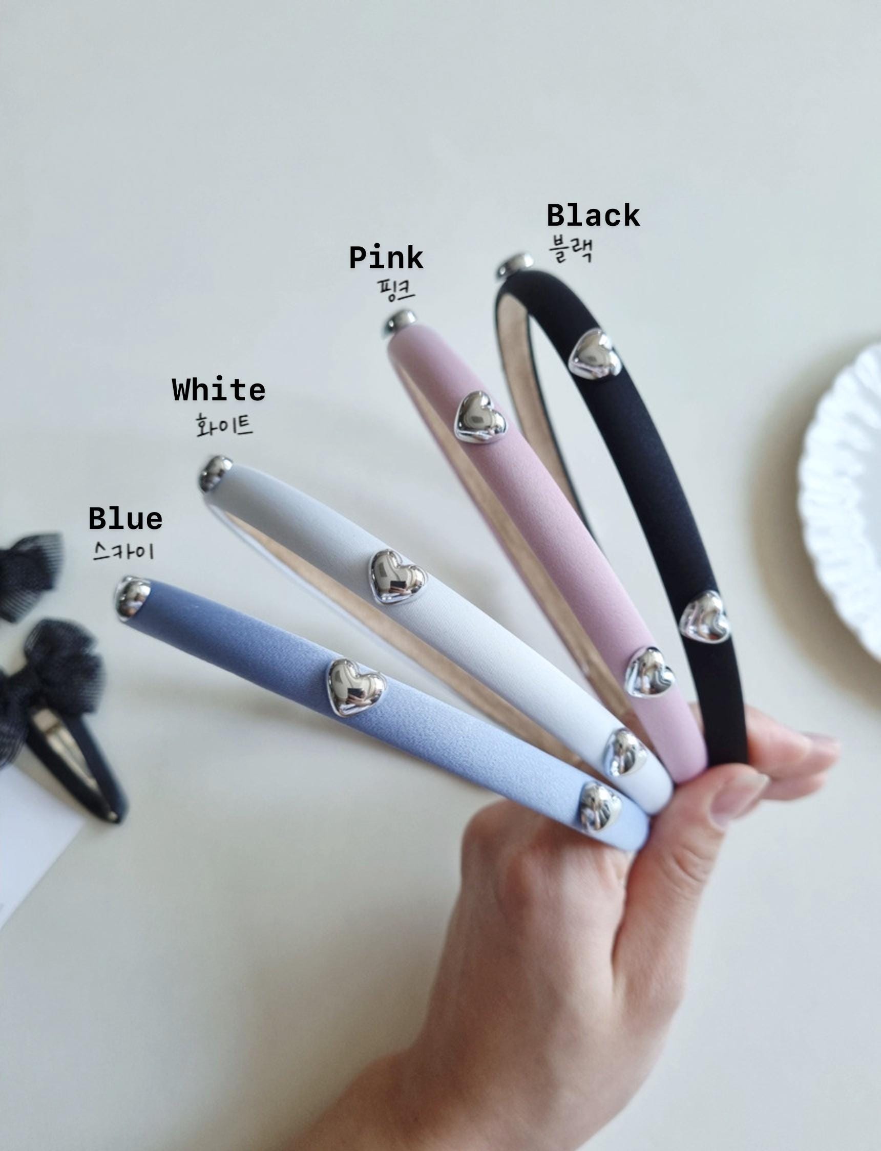 Minimalist Silver Heart Accent Headband Black, Pink, White, Blue | Simple Elegant Hair Accessory Korean handmade Kpop idol [with Pinkluvme]
