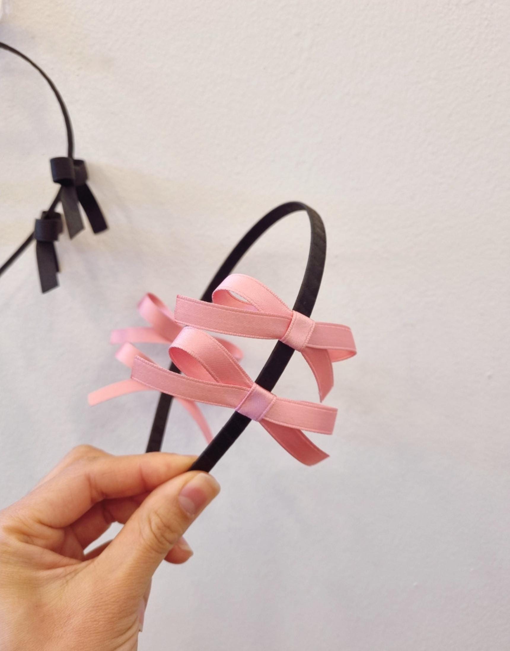 Balletcore Double Ribbon Headband Korean handmade idol style two bows on side black pink ivory kids adult satin finish [with Pinkluvme]