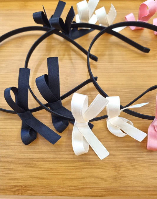 Balletcore Double Ribbon Headband Korean handmade idol style two bows on side black pink ivory kids adult satin finish [with Pinkluvme]