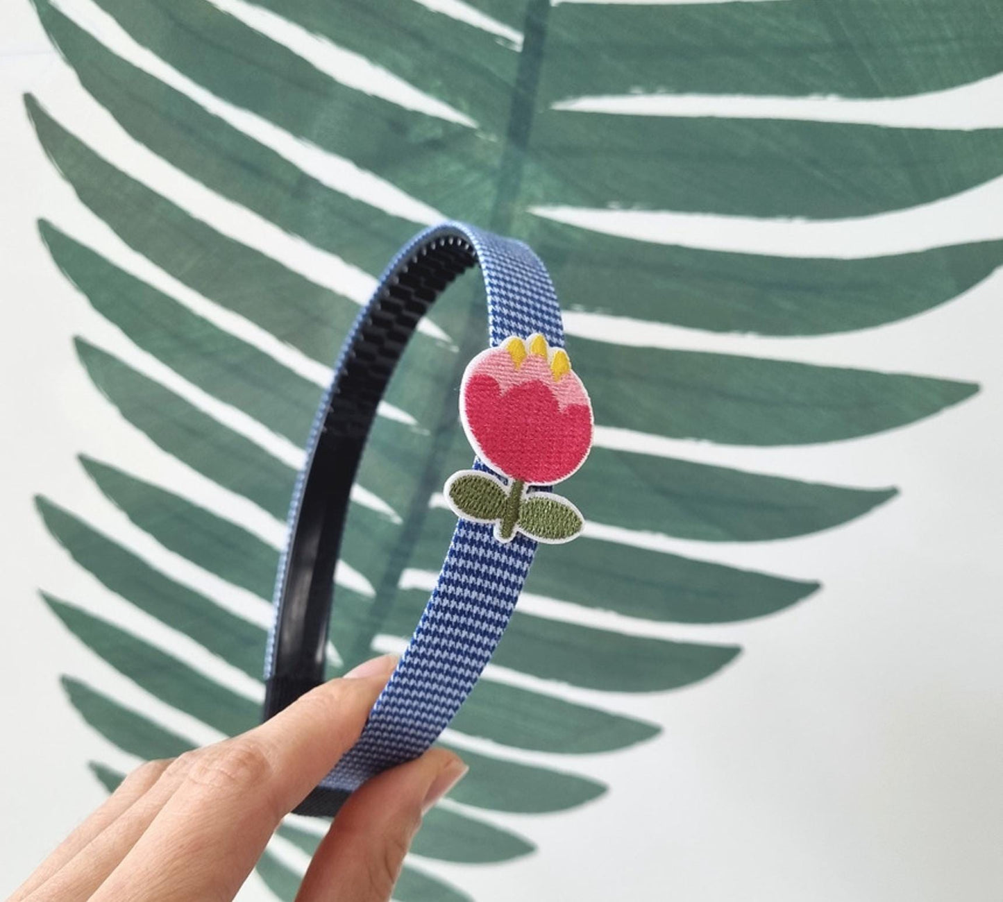 Kids Embroidered Flower Headband red pink yellow green blue double combed ridges school daily hairband checkered striped [with Pinkluvme]