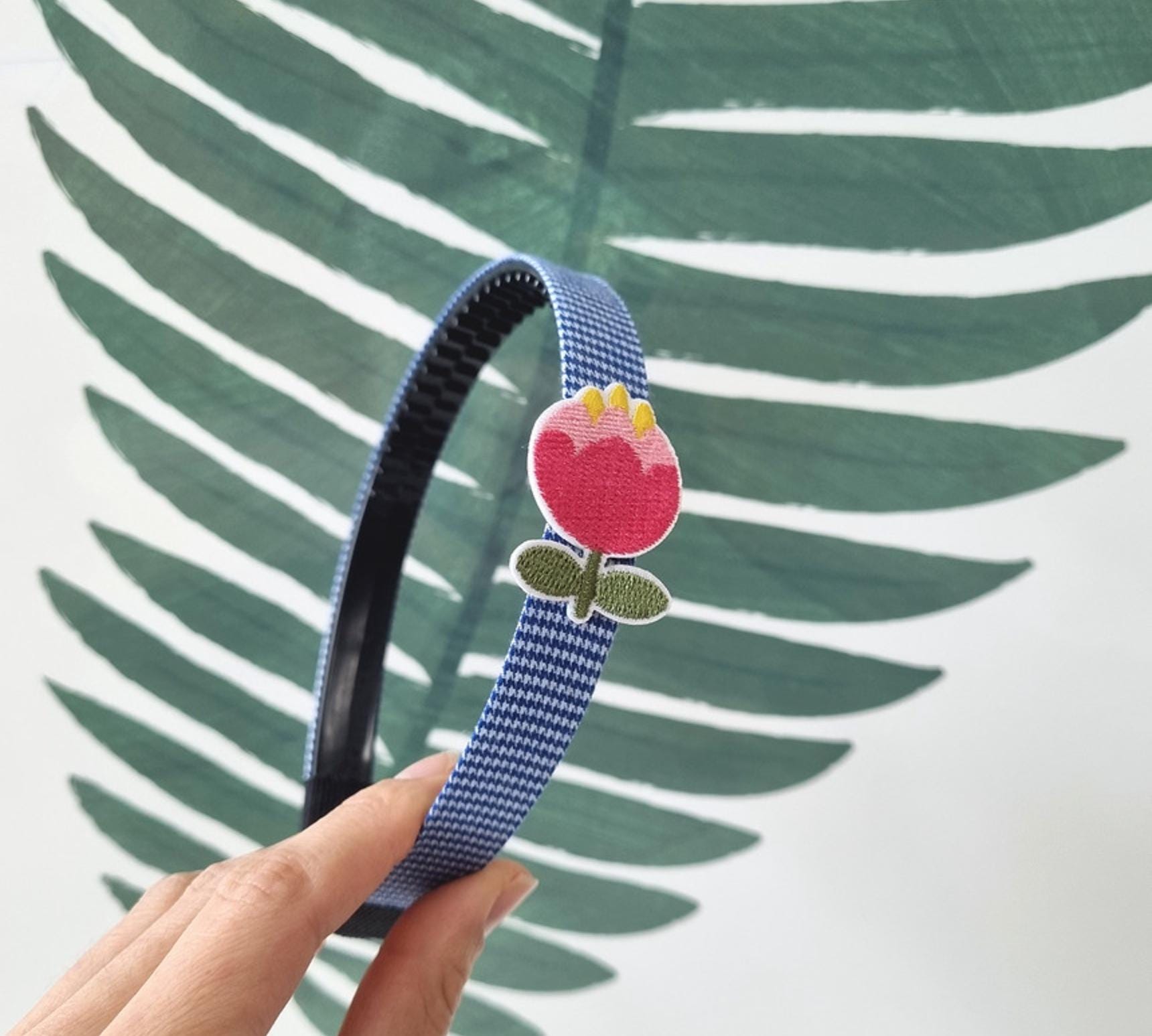 Kids Embroidered Flower Headband red pink yellow green blue double combed ridges school daily hairband checkered striped [with Pinkluvme]