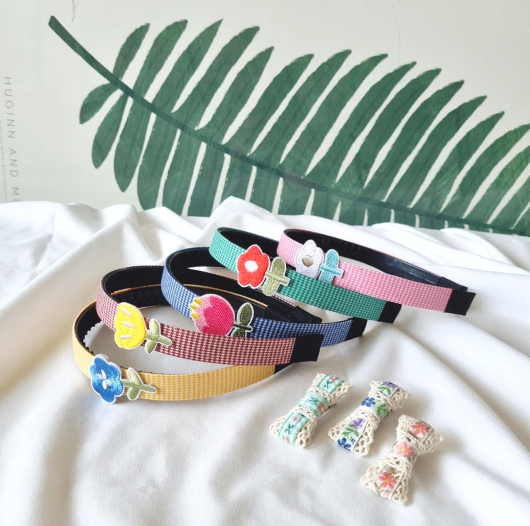 Kids Embroidered Flower Headband red pink yellow green blue double combed ridges school daily hairband checkered striped [with Pinkluvme]