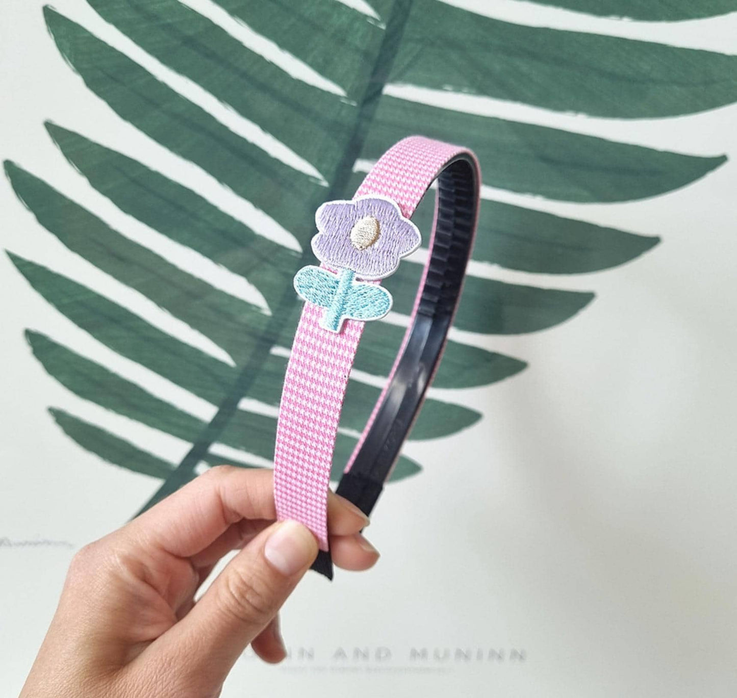 Kids Embroidered Flower Headband red pink yellow green blue double combed ridges school daily hairband checkered striped [with Pinkluvme]