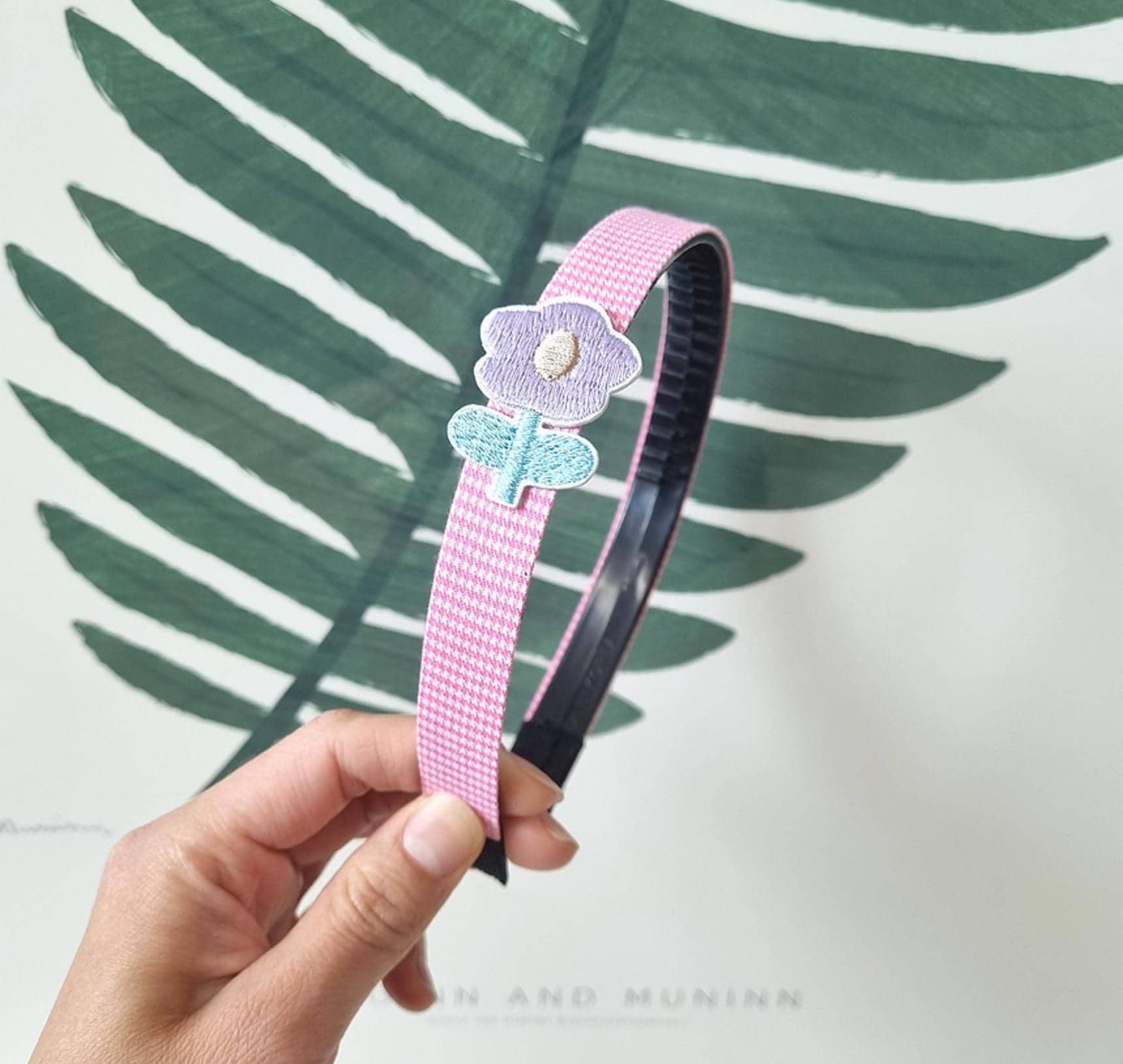 Kids Embroidered Flower Headband red pink yellow green blue double combed ridges school daily hairband checkered striped [with Pinkluvme]