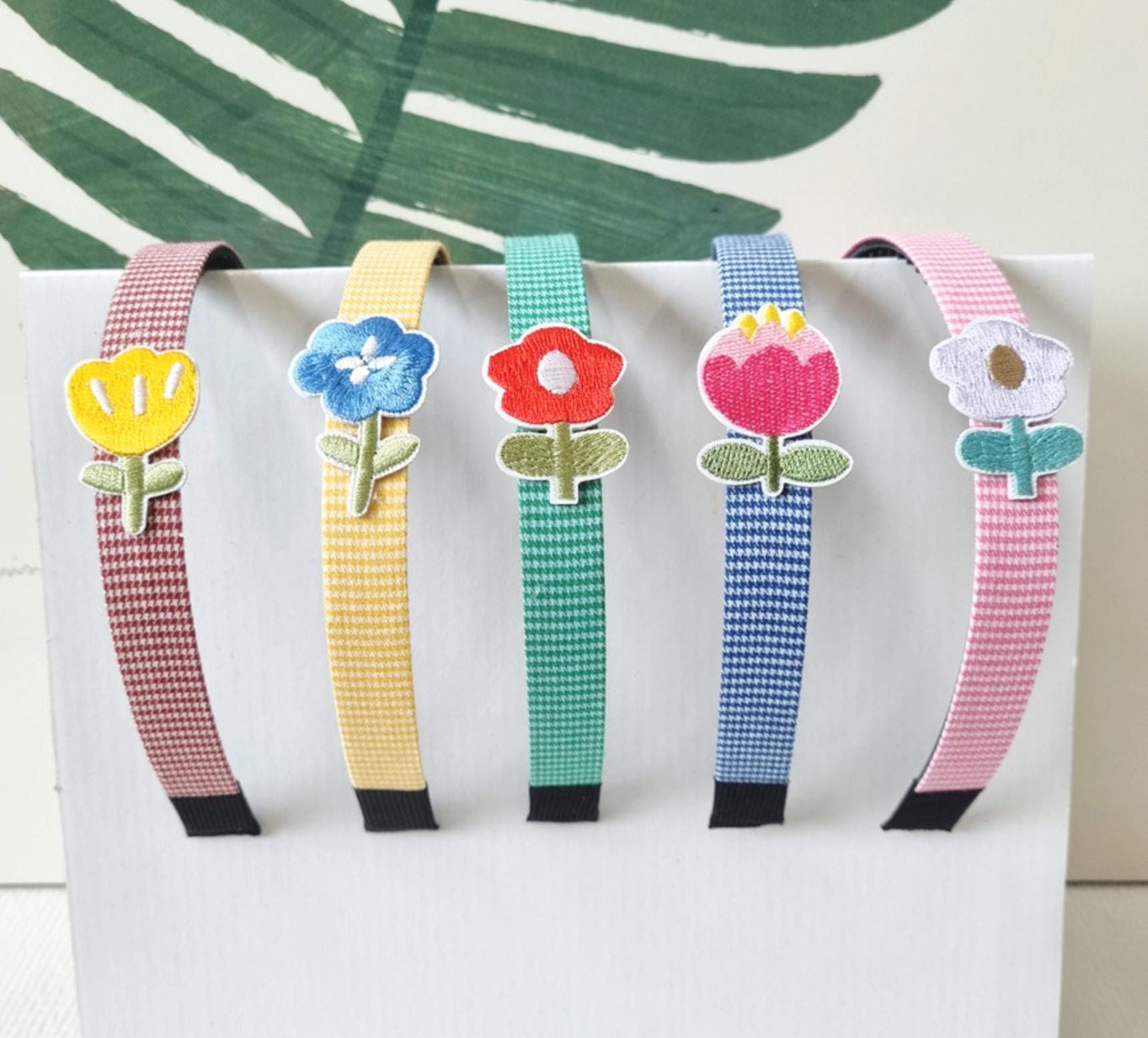Kids Embroidered Flower Headband red pink yellow green blue double combed ridges school daily hairband checkered striped [with Pinkluvme]