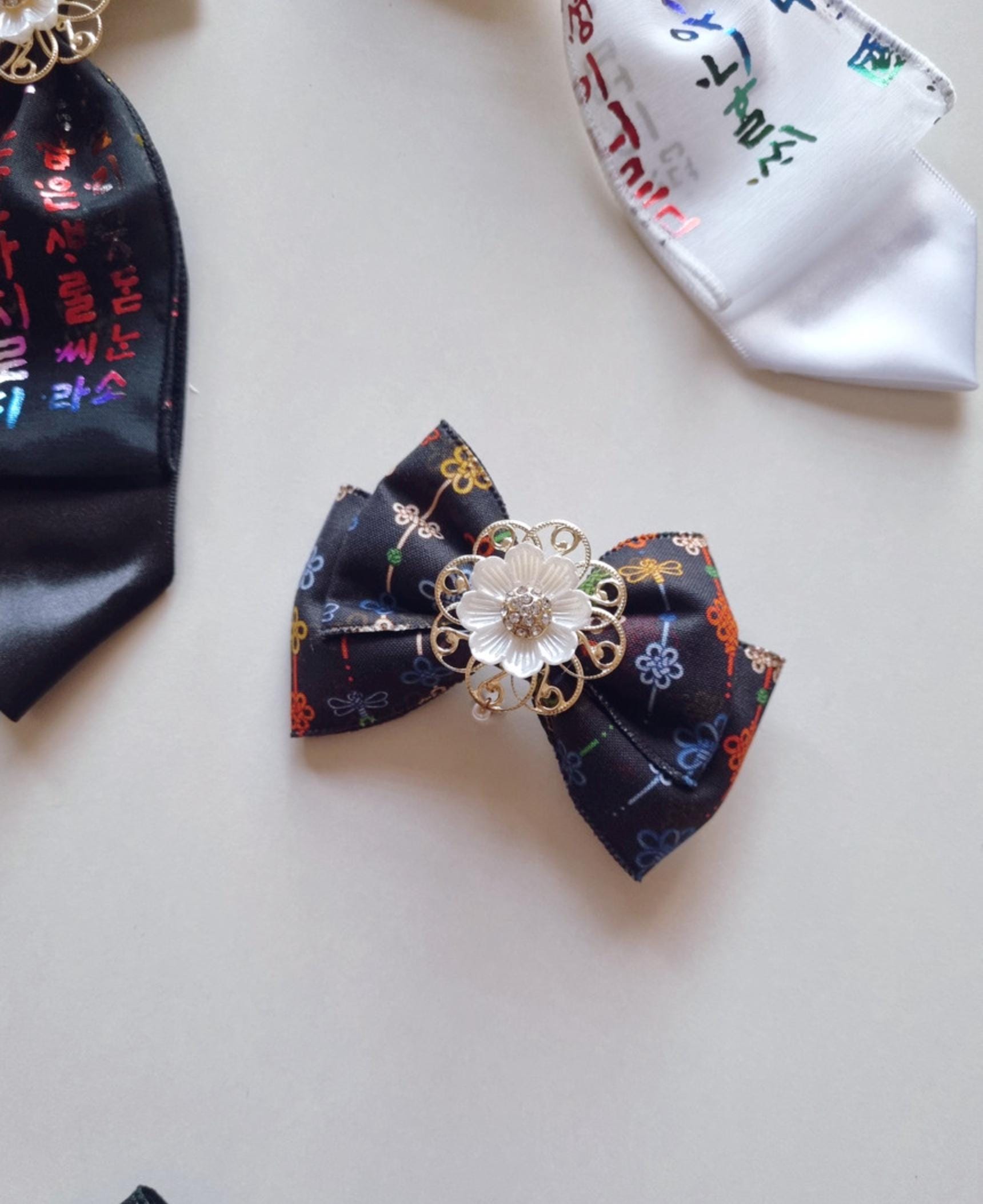 Korean Traditional Hair Bow Baessi Flower Pin 4 different pattern print hanbok seollal chuseok doljanchi layered ribbon [with Pinkluvme]