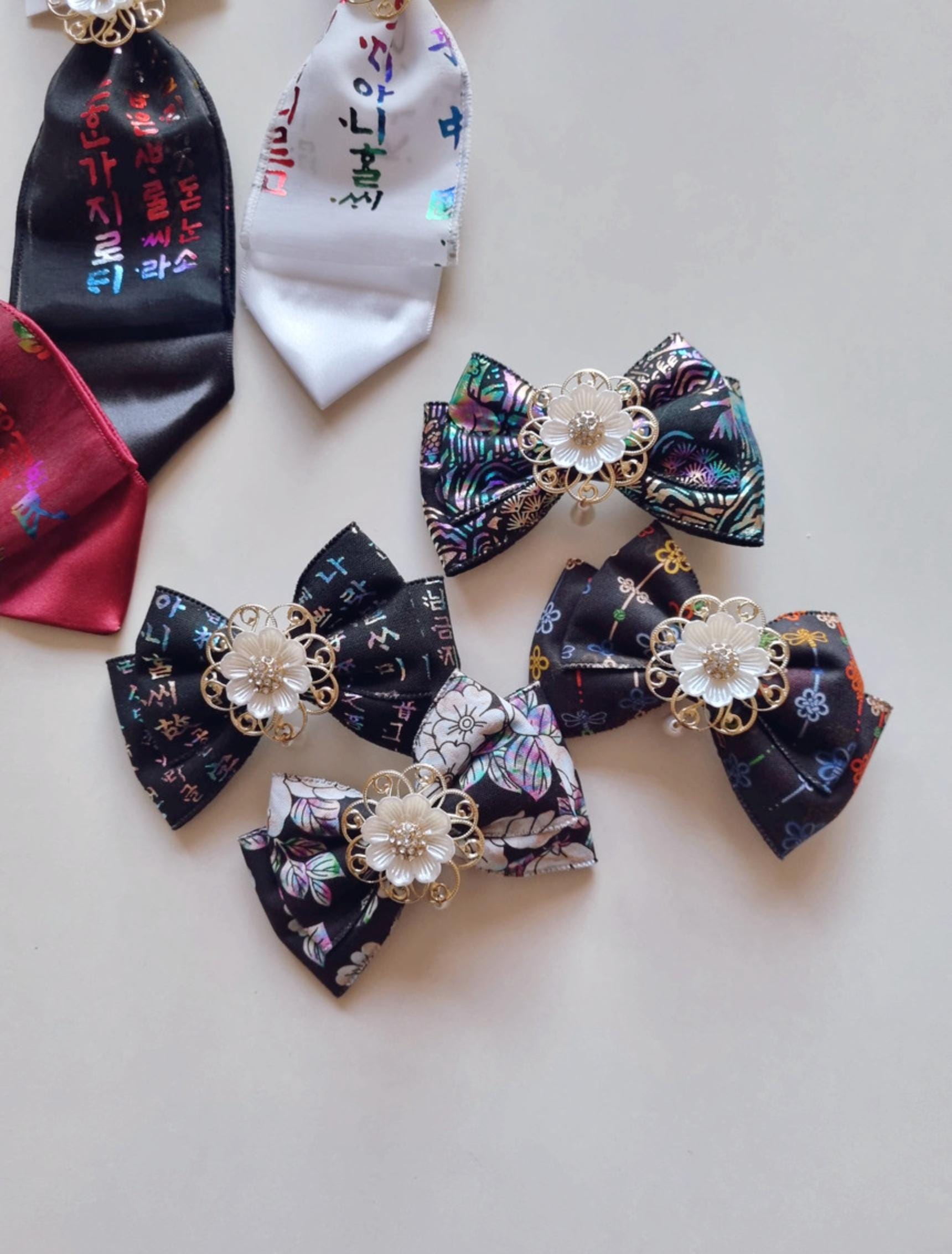 Korean Traditional Hair Bow Baessi Flower Pin 4 different pattern print hanbok seollal chuseok doljanchi layered ribbon [with Pinkluvme]