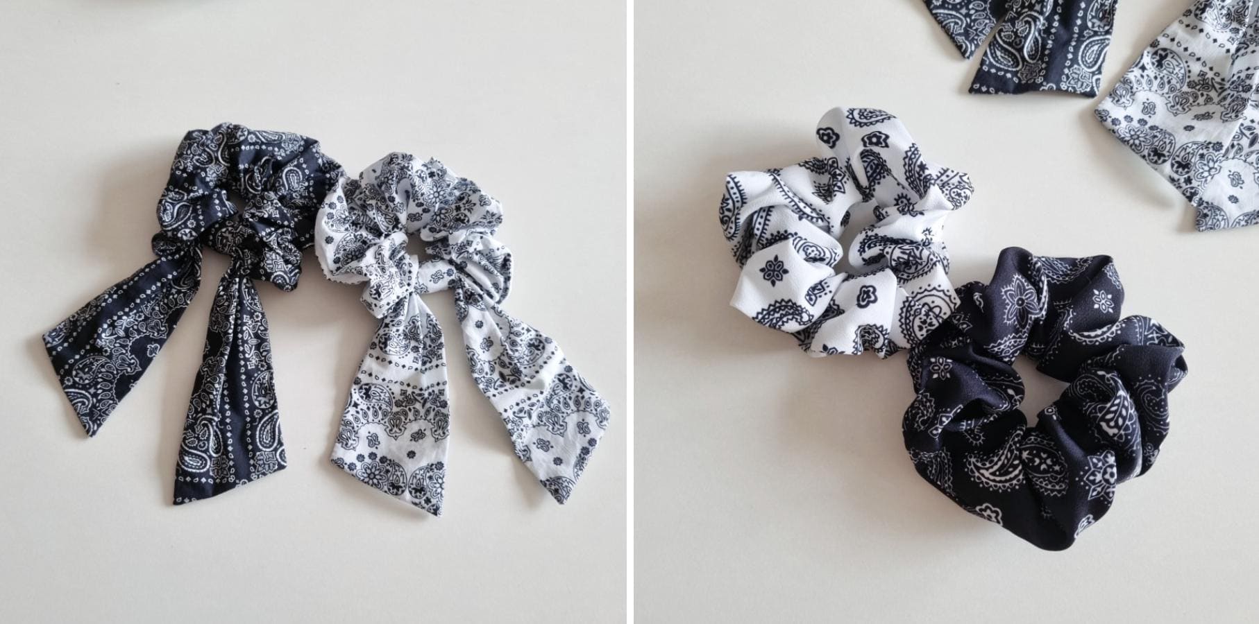 Basic & Ribbon Bandana-Print Scrunchies 2 Styles Available in Black and White Hair Tie for summer Handmade in South Korea [with Pinkluvme]