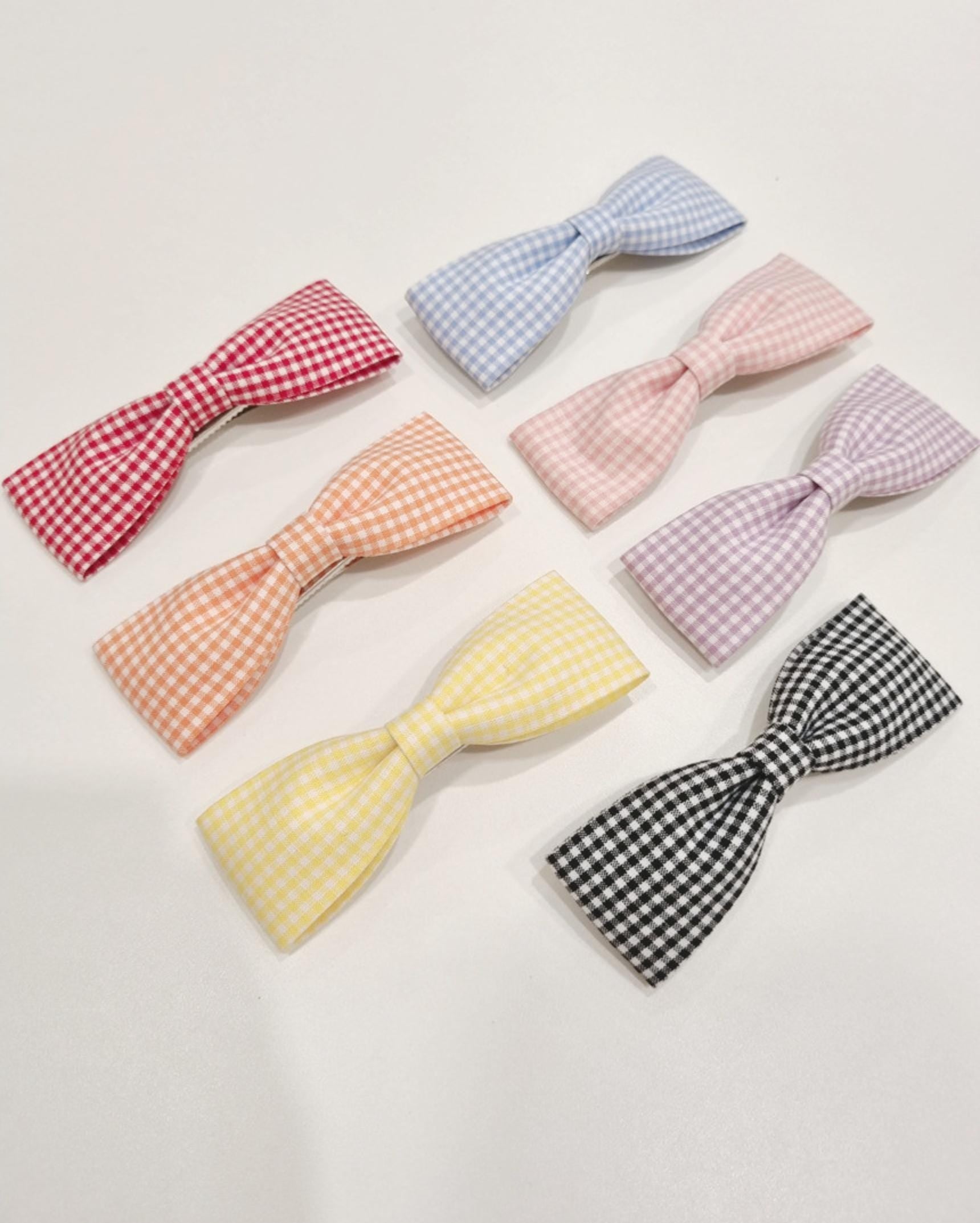 Basic & Gingham Check Ribbon Hair Clip Set child safe hypoallergenic nickel free alligator clip 7 colors handmade in Korea [with Pinkluvme]