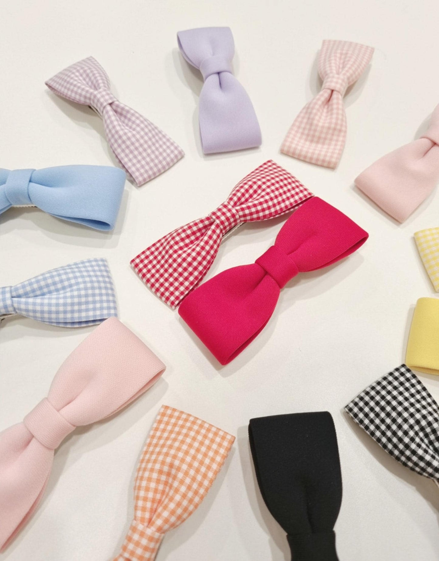 Basic & Gingham Check Ribbon Hair Clip Set child safe hypoallergenic nickel free alligator clip 7 colors handmade in Korea [with Pinkluvme]