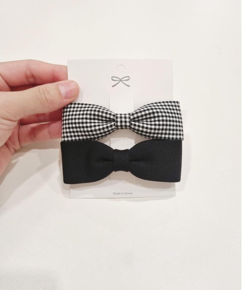 Basic & Gingham Check Ribbon Hair Clip Set child safe hypoallergenic nickel free alligator clip 7 colors handmade in Korea [with Pinkluvme]