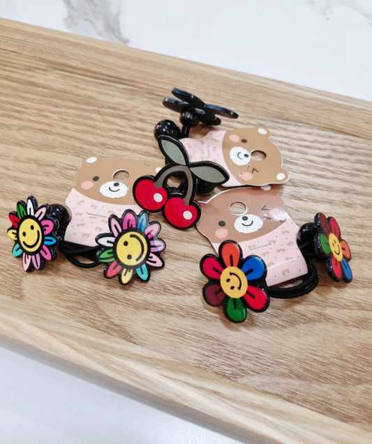 Fun Arcade Elastic Hair Tie Set Cherry & Smile Flower Styles (2 pcs) girl pigtail poppy catchy modern art waterproof strong [with Pinkluvme]