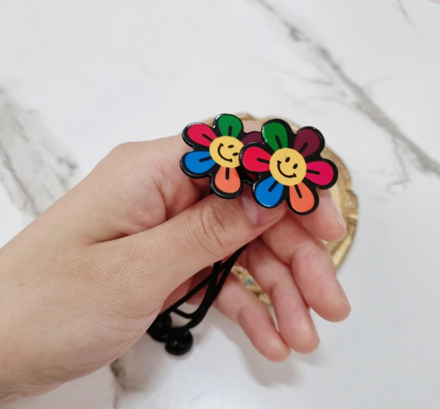 Fun Arcade Elastic Hair Tie Set Cherry & Smile Flower Styles (2 pcs) girl pigtail poppy catchy modern art waterproof strong [with Pinkluvme]