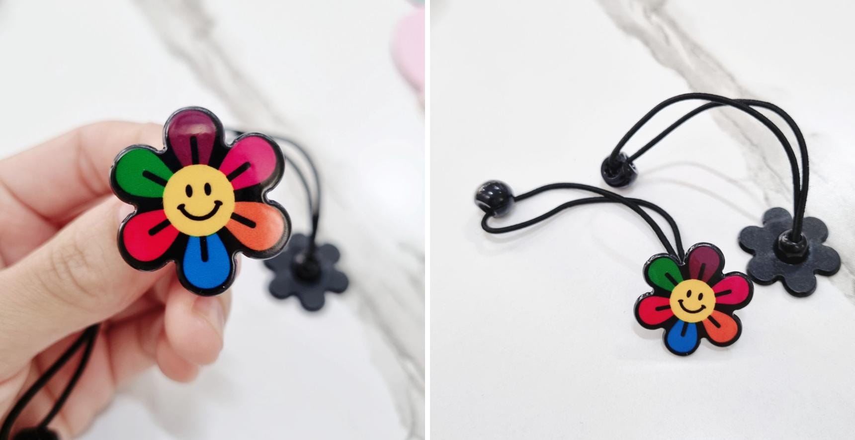 Fun Arcade Elastic Hair Tie Set Cherry & Smile Flower Styles (2 pcs) girl pigtail poppy catchy modern art waterproof strong [with Pinkluvme]