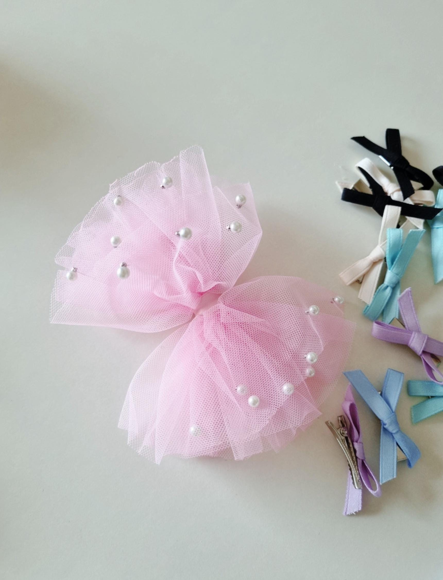 Baby’s Breath Chiffon Pearl Bow Clip hypoallergenic nickel free alligator clip party formal baby shower photoshoot wedding [with Pinkluvme]