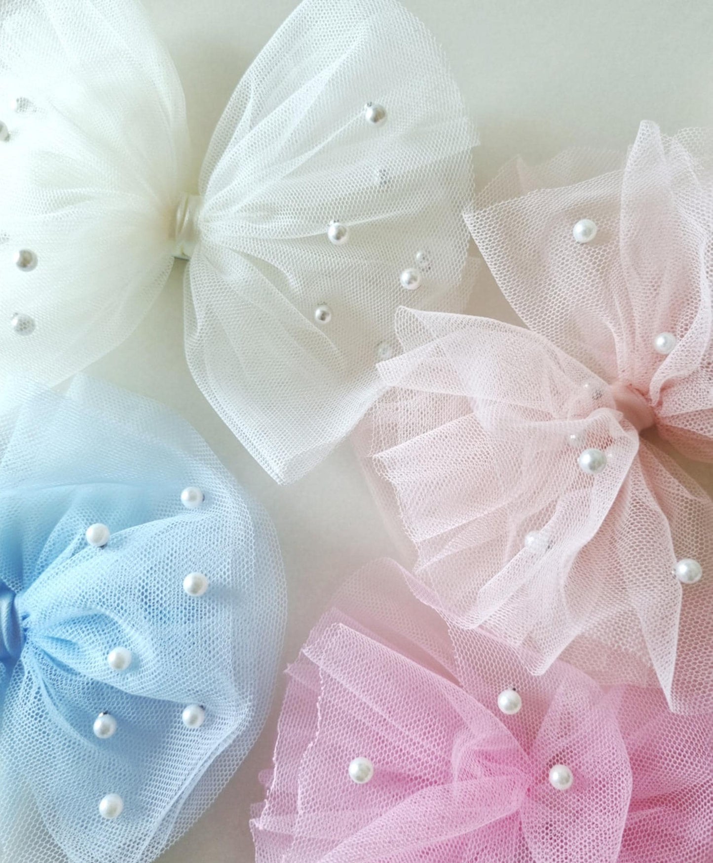 Baby’s Breath Chiffon Pearl Bow Clip hypoallergenic nickel free alligator clip party formal baby shower photoshoot wedding [with Pinkluvme]