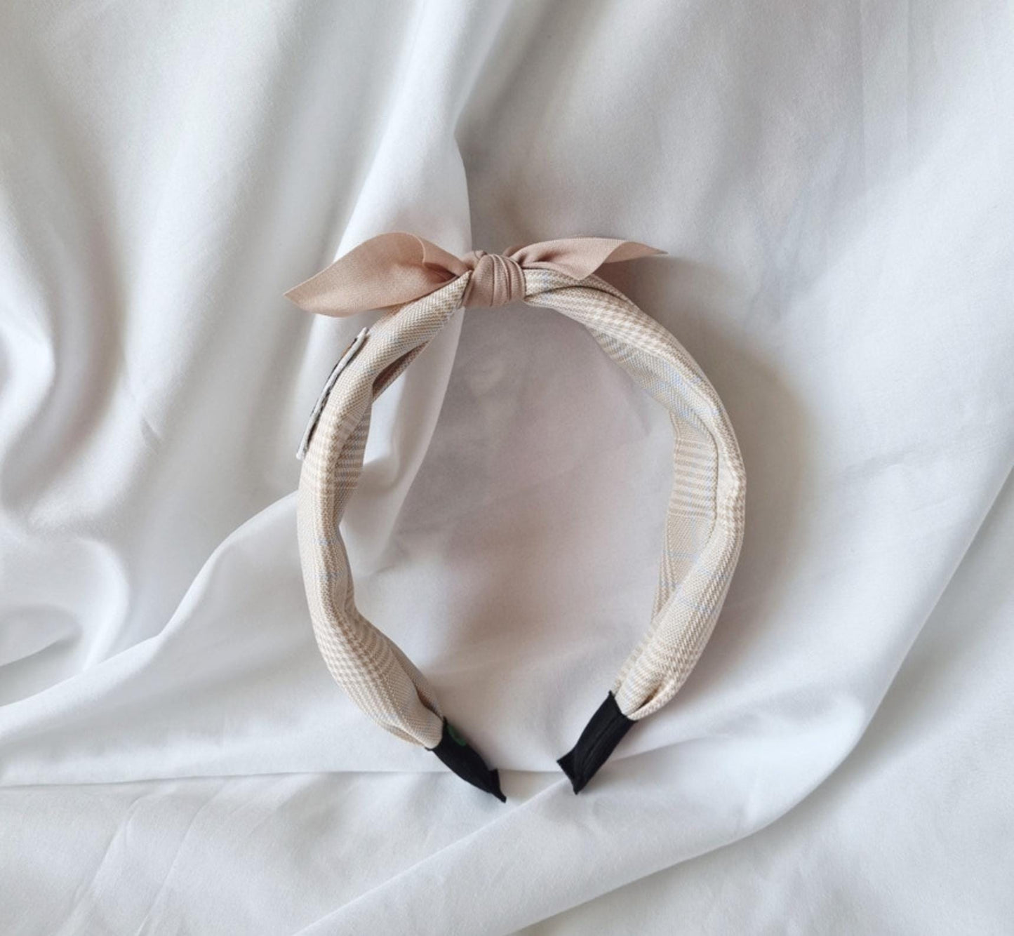 Teddy Bear Bow Scarf Headband 4 Colors Pastel Plaid Bandana Style free knit snap clip while supplies last detachable ribbon [with Pinkluvme]