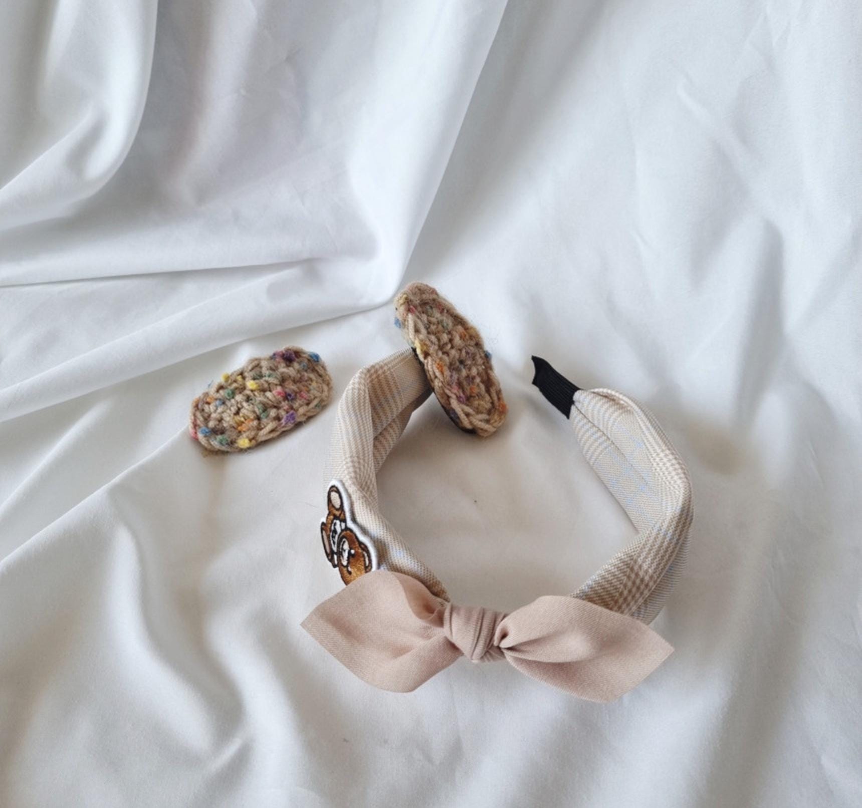 Teddy Bear Bow Scarf Headband 4 Colors Pastel Plaid Bandana Style free knit snap clip while supplies last detachable ribbon [with Pinkluvme]