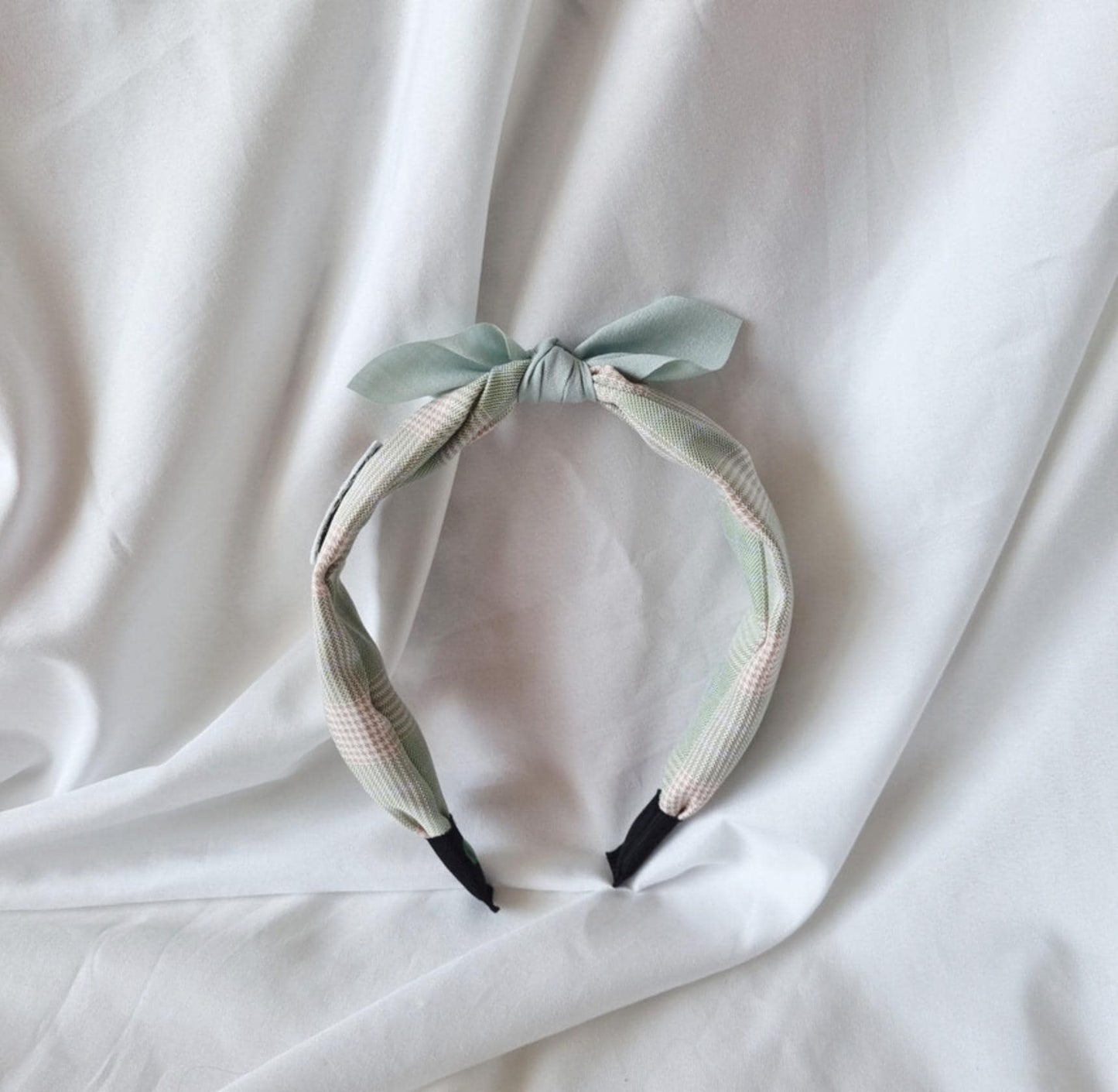 Teddy Bear Bow Scarf Headband 4 Colors Pastel Plaid Bandana Style free knit snap clip while supplies last detachable ribbon [with Pinkluvme]