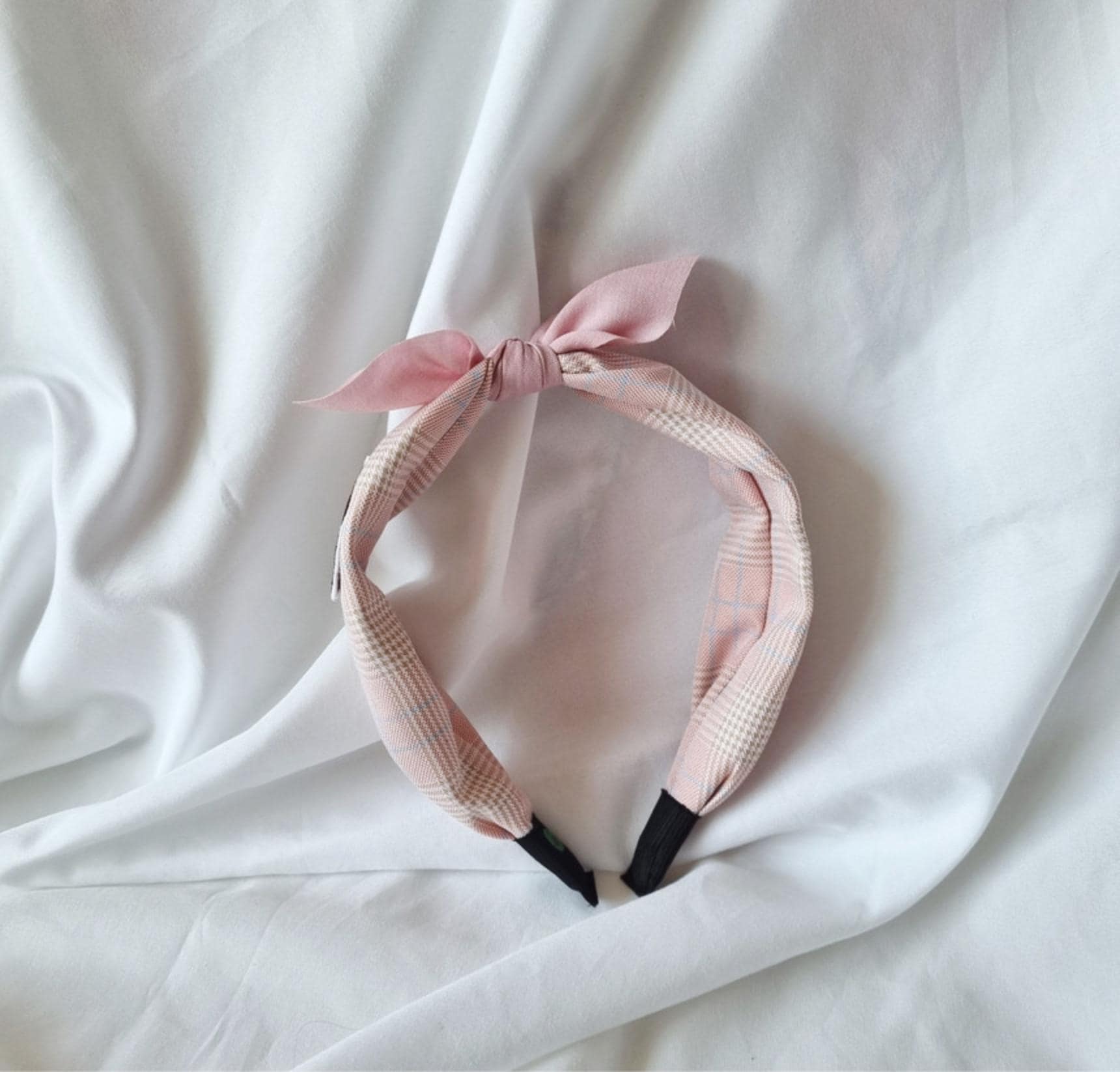 Teddy Bear Bow Scarf Headband 4 Colors Pastel Plaid Bandana Style free knit snap clip while supplies last detachable ribbon [with Pinkluvme]