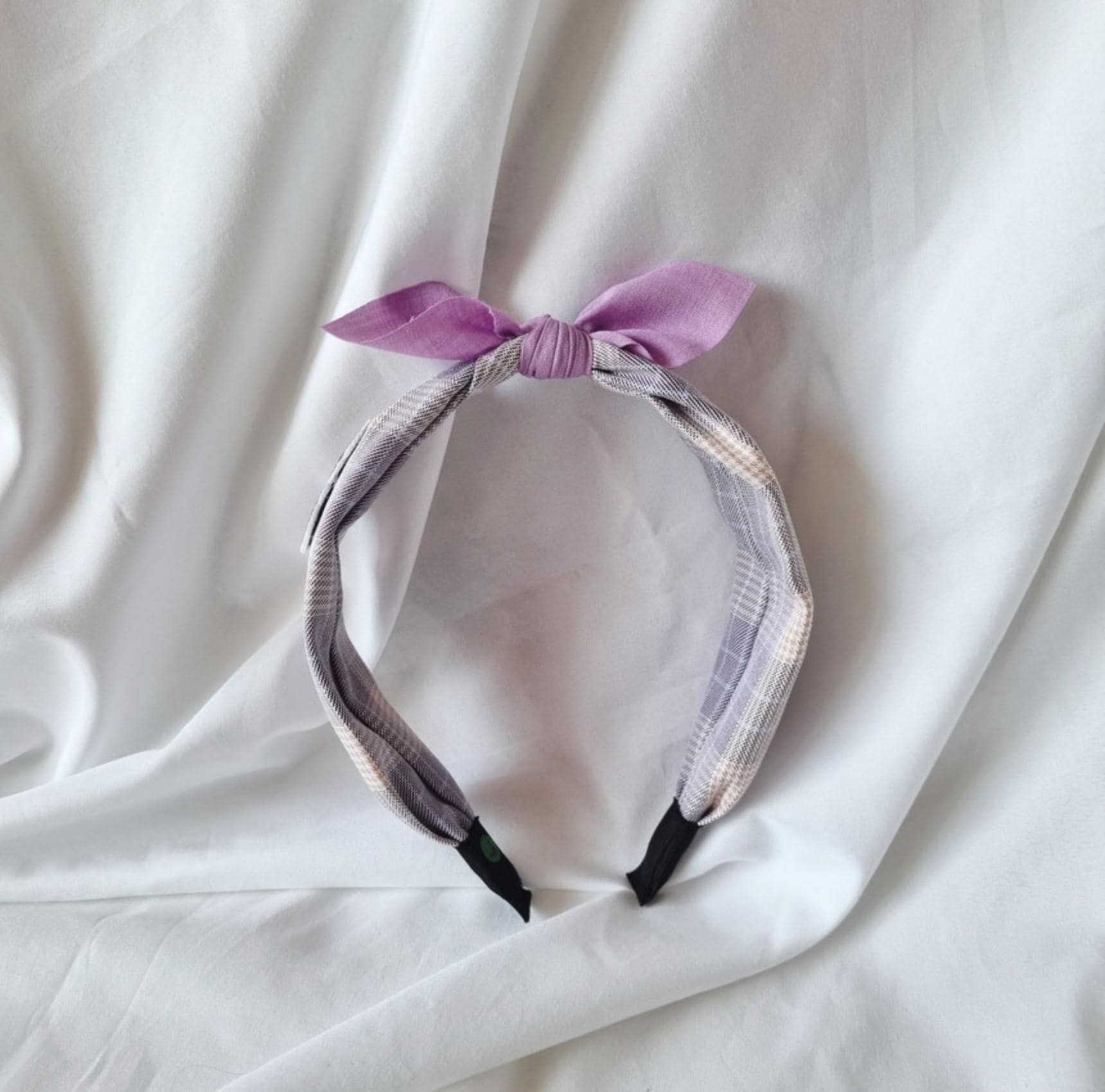 Teddy Bear Bow Scarf Headband 4 Colors Pastel Plaid Bandana Style free knit snap clip while supplies last detachable ribbon [with Pinkluvme]