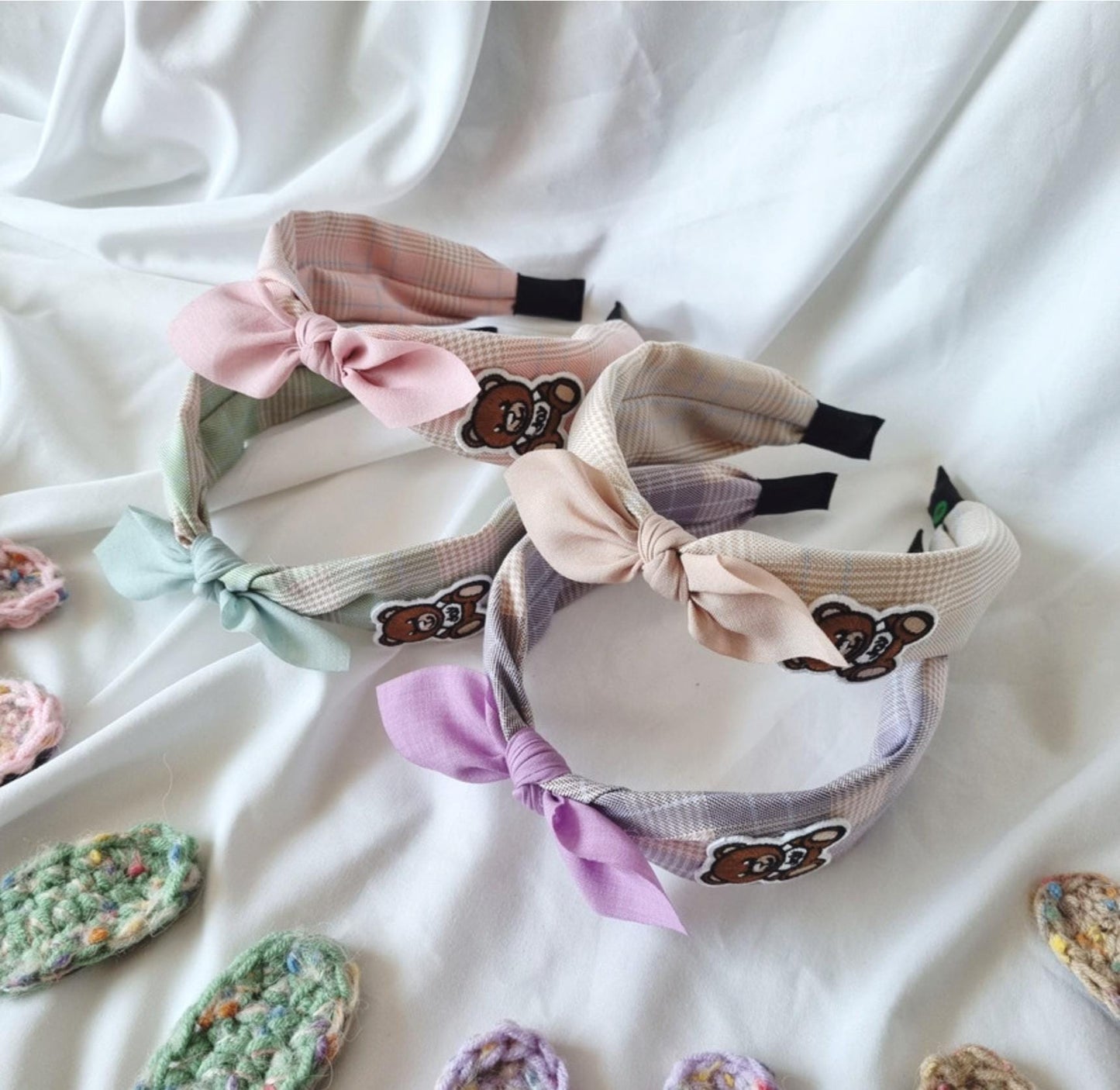 Teddy Bear Bow Scarf Headband 4 Colors Pastel Plaid Bandana Style free knit snap clip while supplies last detachable ribbon [with Pinkluvme]