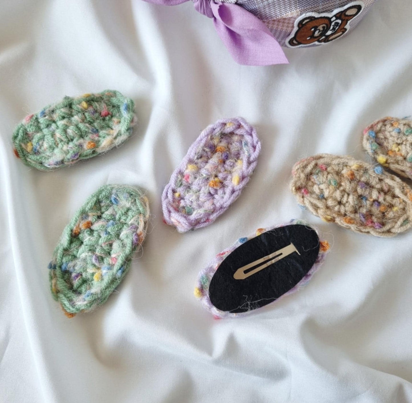 Teddy Bear Bow Scarf Headband 4 Colors Pastel Plaid Bandana Style free knit snap clip while supplies last detachable ribbon [with Pinkluvme]