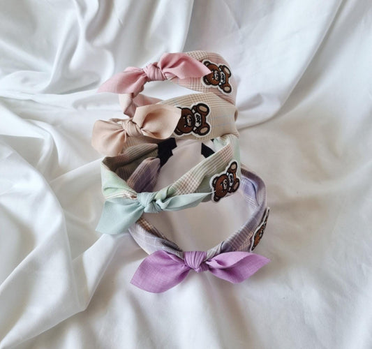 Teddy Bear Bow Scarf Headband 4 Colors Pastel Plaid Bandana Style free knit snap clip while supplies last detachable ribbon [with Pinkluvme]