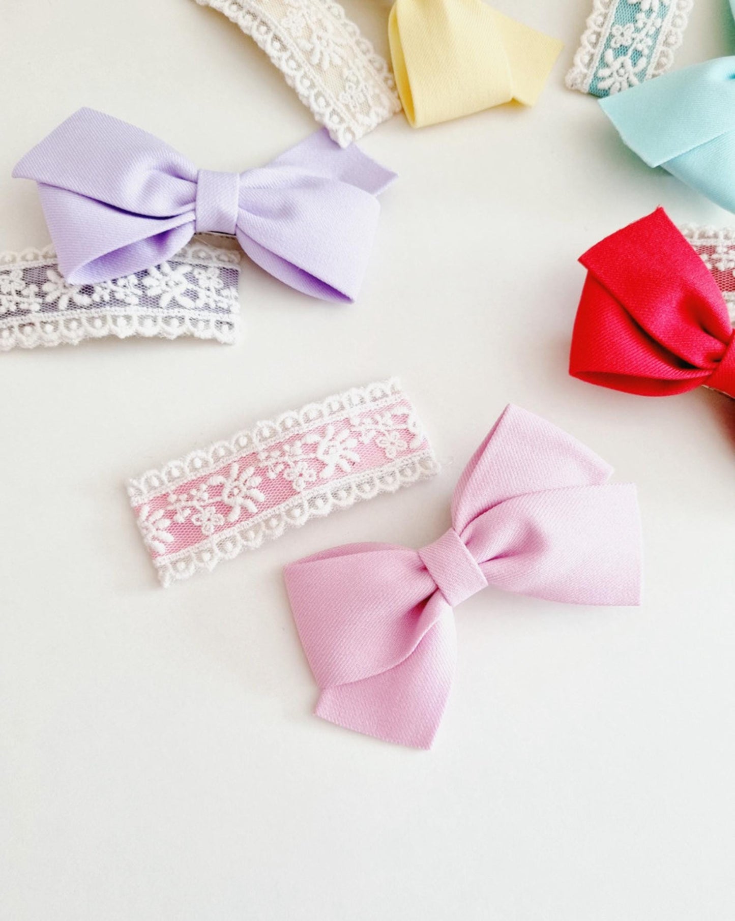 Pastel Cotton Solid Ribbon Hair Clips 2-Piece Set hypoallergenic no nickel clip free lace snap clip Korean handmade formal [with Pinkluvme]