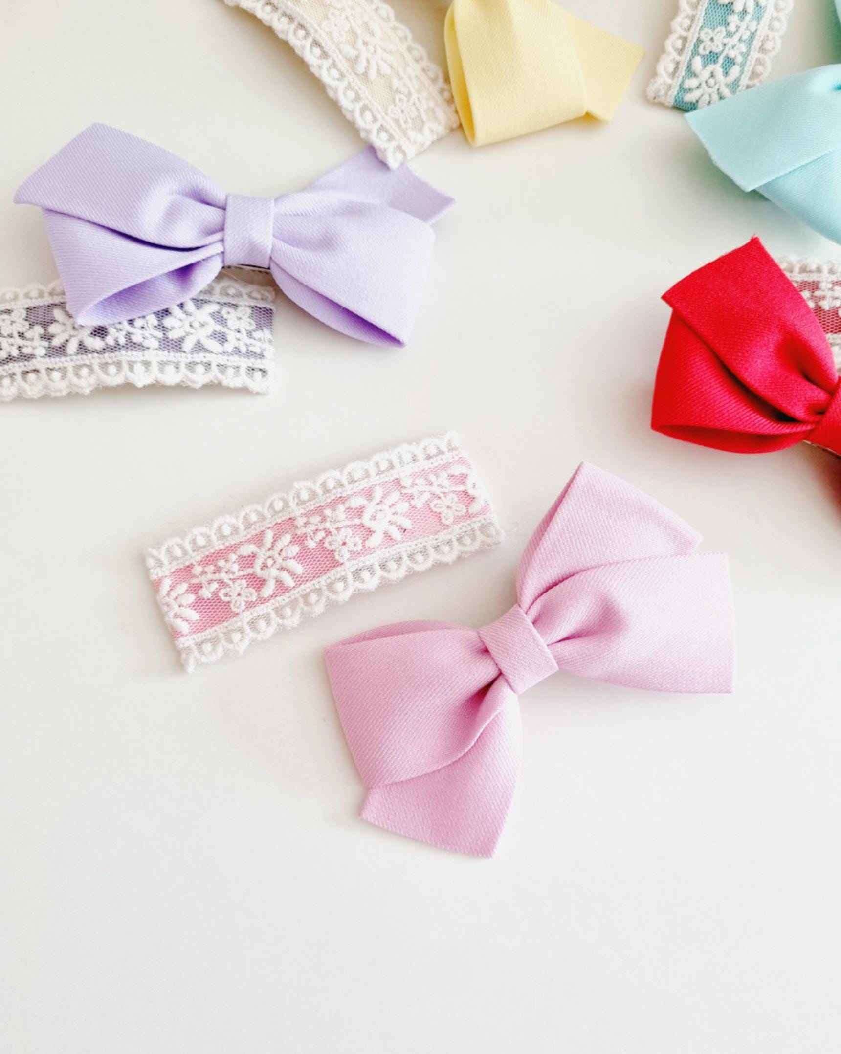 Pastel Cotton Solid Ribbon Hair Clips 2-Piece Set hypoallergenic no nickel clip free lace snap clip Korean handmade formal [with Pinkluvme]