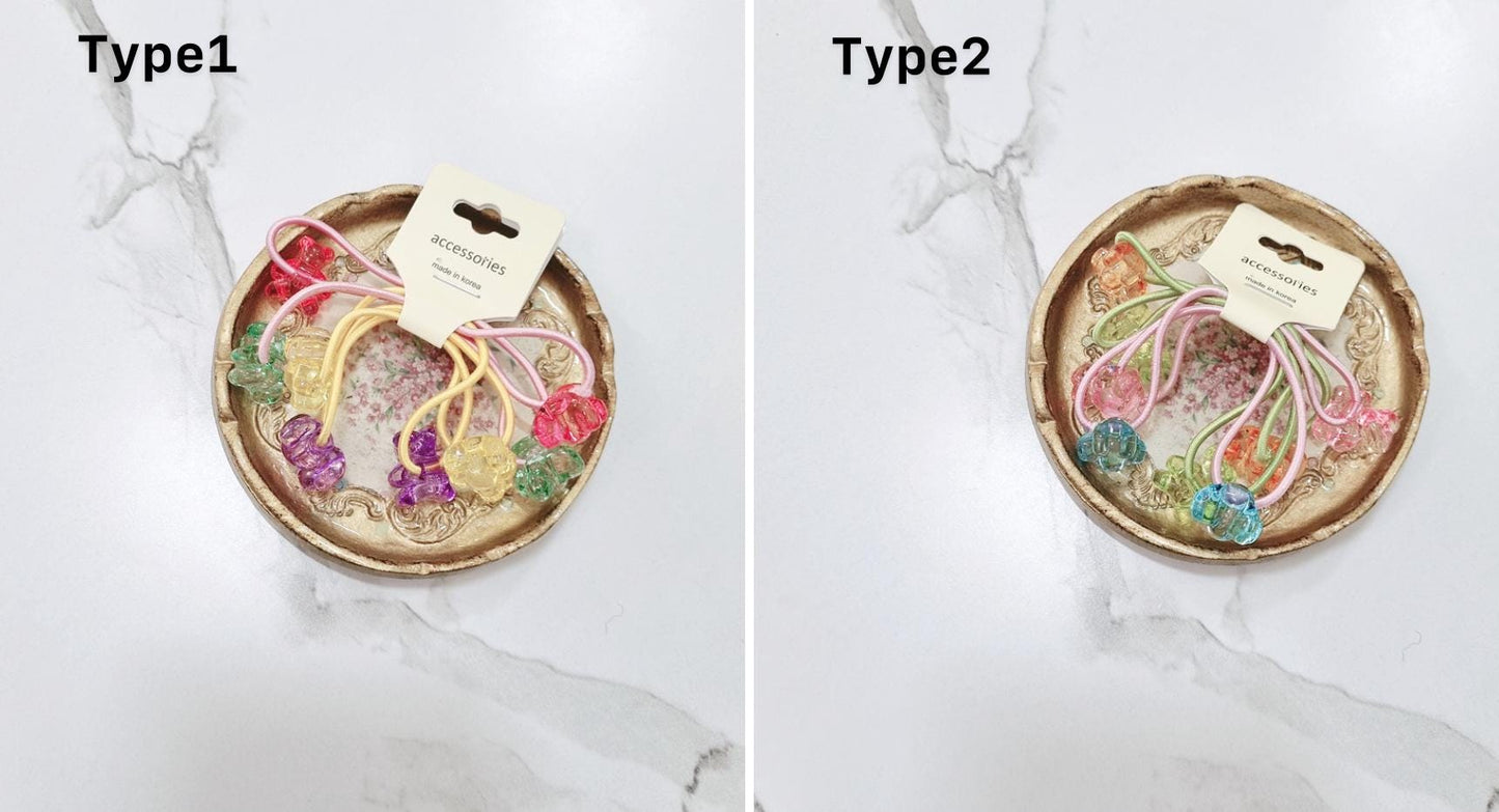 Rainbow Gummy Bear Hair Ties Set (4pcs) children daily ponytail pigtail holders hair elastics pastel bear acrylic charms [with Pinkluvme]