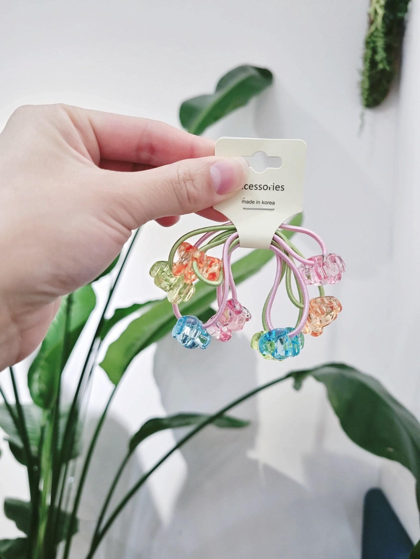 Rainbow Gummy Bear Hair Ties Set (4pcs) children daily ponytail pigtail holders hair elastics pastel bear acrylic charms [with Pinkluvme]