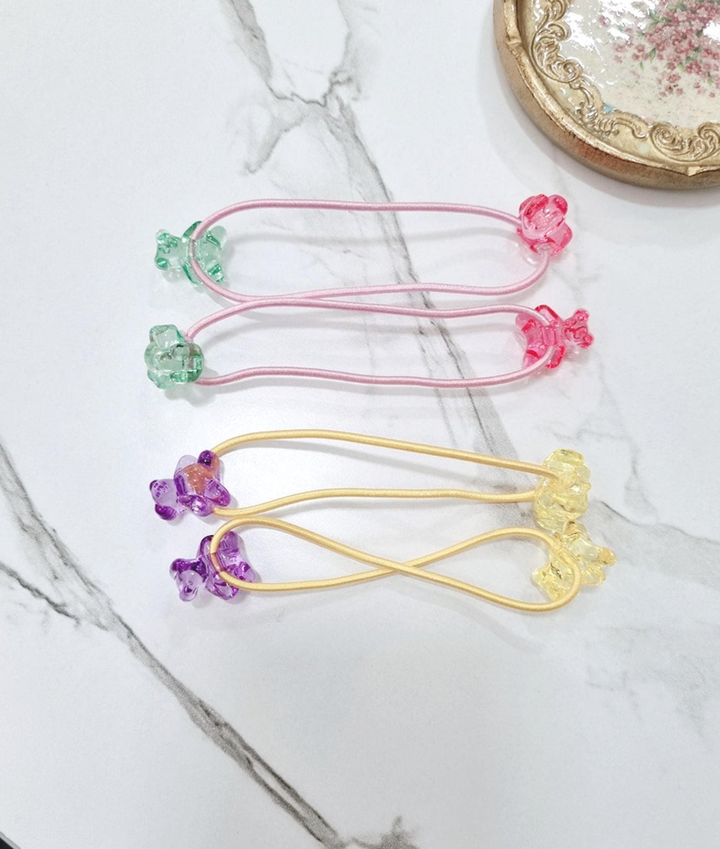 Rainbow Gummy Bear Hair Ties Set (4pcs) children daily ponytail pigtail holders hair elastics pastel bear acrylic charms [with Pinkluvme]