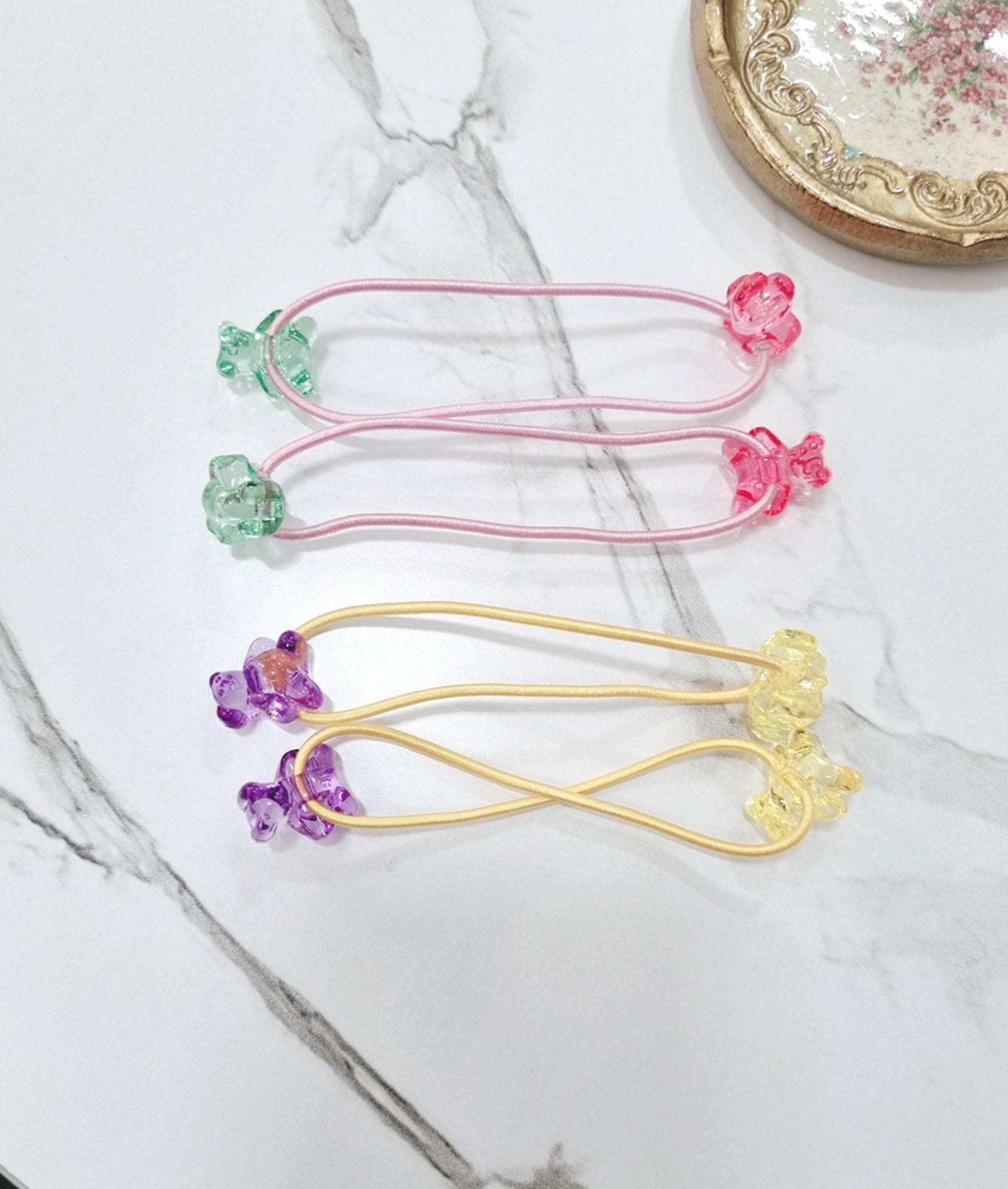 Rainbow Gummy Bear Hair Ties Set (4pcs) children daily ponytail pigtail holders hair elastics pastel bear acrylic charms [with Pinkluvme]