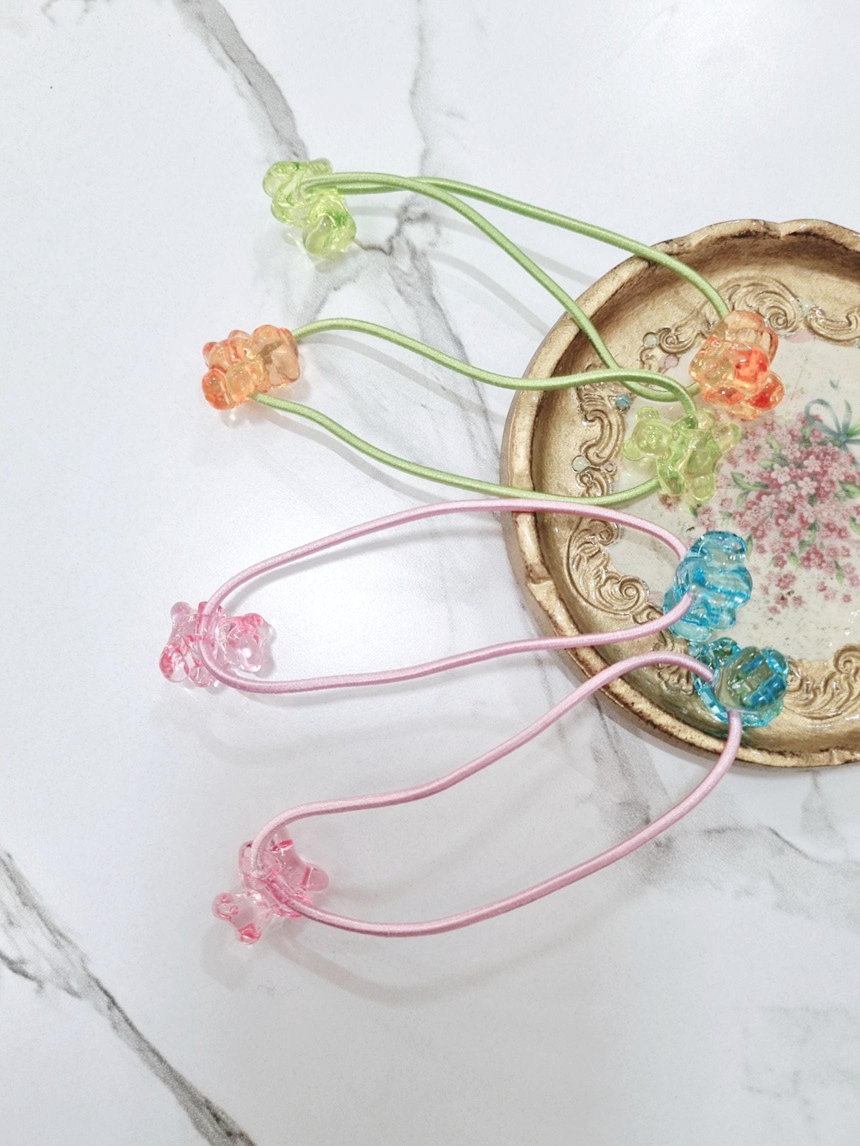 Rainbow Gummy Bear Hair Ties Set (4pcs) children daily ponytail pigtail holders hair elastics pastel bear acrylic charms [with Pinkluvme]