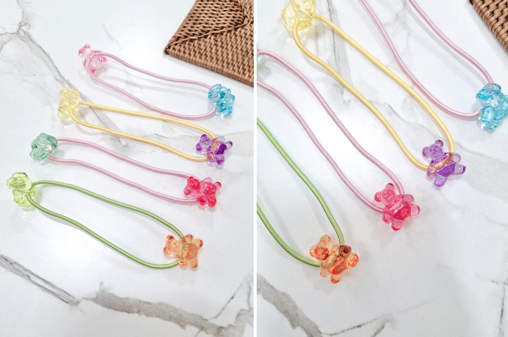 Rainbow Gummy Bear Hair Ties Set (4pcs) children daily ponytail pigtail holders hair elastics pastel bear acrylic charms [with Pinkluvme]