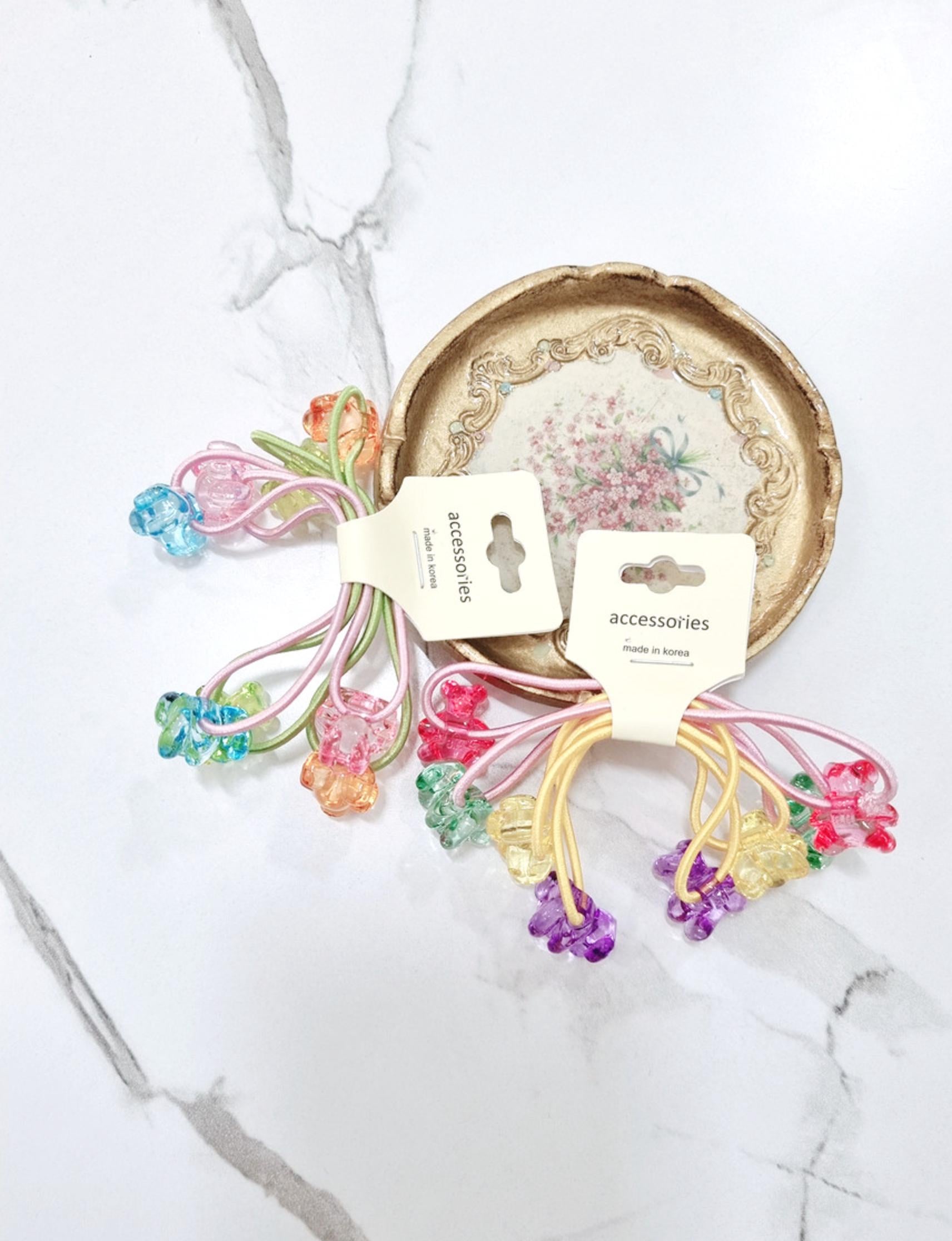 Rainbow Gummy Bear Hair Ties Set (4pcs) children daily ponytail pigtail holders hair elastics pastel bear acrylic charms [with Pinkluvme]