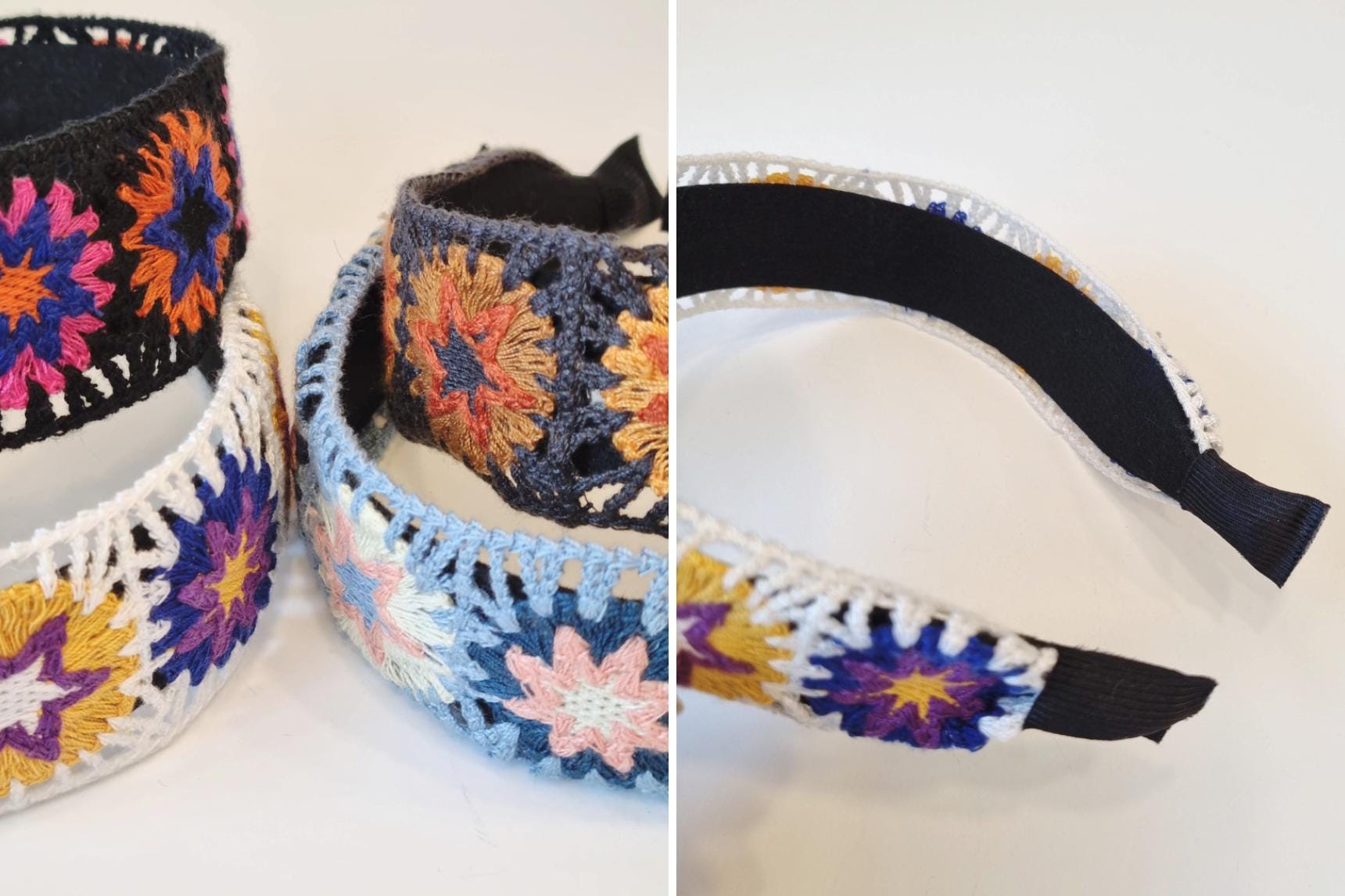 Crochet Style Wide Headband – Handmade Retro Boho Style black white blue charchoal computerized crochet machine made fabric [with Pinkluvme]