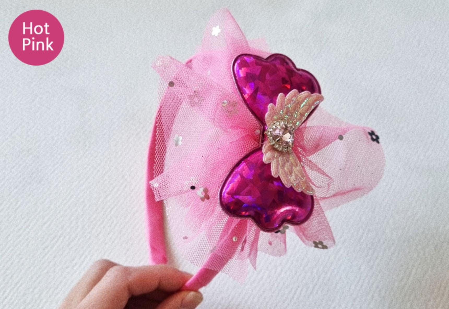 Angel Wing Rhinestone Headband handmade hot pink light pink yellow green blue Korean idol sparkly shiny mesh ribbon bow [with Pinkluvme]