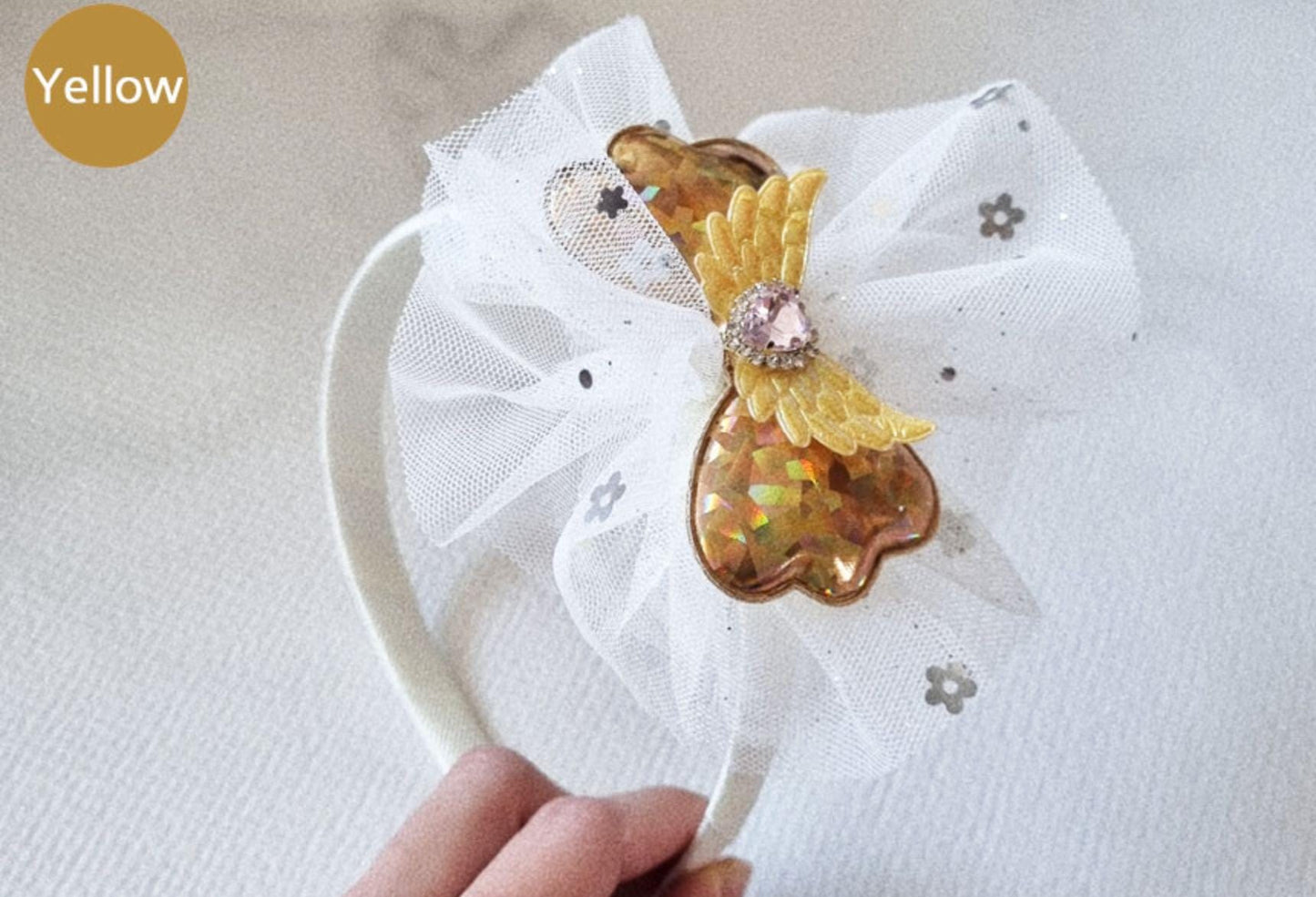 Angel Wing Rhinestone Headband handmade hot pink light pink yellow green blue Korean idol sparkly shiny mesh ribbon bow [with Pinkluvme]