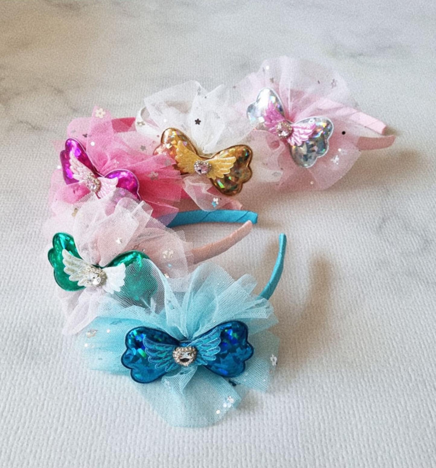 Angel Wing Rhinestone Headband handmade hot pink light pink yellow green blue Korean idol sparkly shiny mesh ribbon bow [with Pinkluvme]