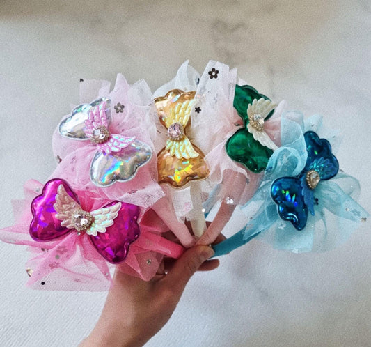Angel Wing Rhinestone Headband handmade hot pink light pink yellow green blue Korean idol sparkly shiny mesh ribbon bow [with Pinkluvme]