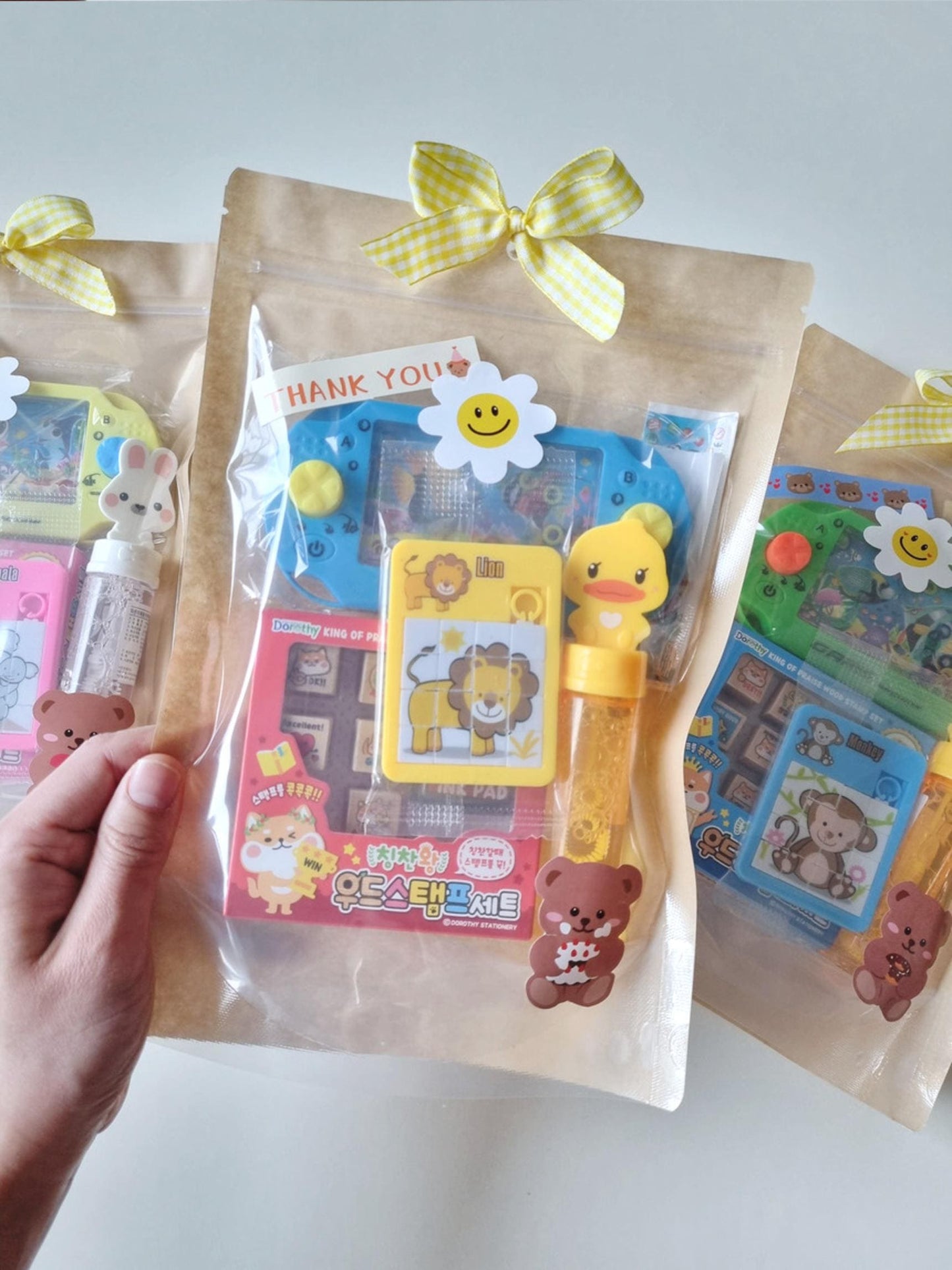 Kids Party Favor Activity Goodie Bag 4in1 Play Gift Set Korean church classroom prize bubble wand game console puzzle stamp [with Pinkluvme]