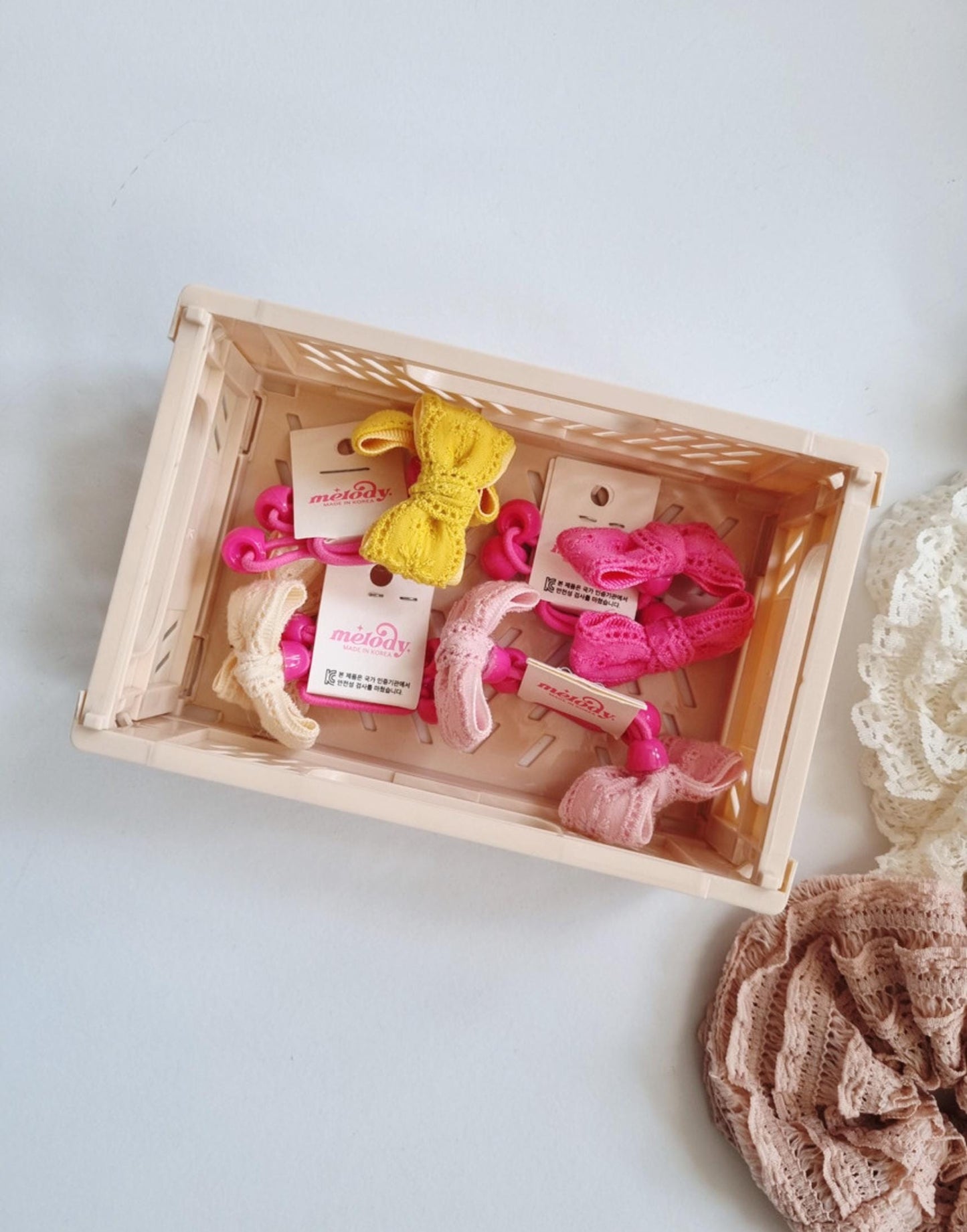 Lace Ribbon Bow Hair Tie Set Elegant Double Pack pigtail elastics handmade ribbon bow Korean Kpop idol style mom and girl [with Pinkluvme]