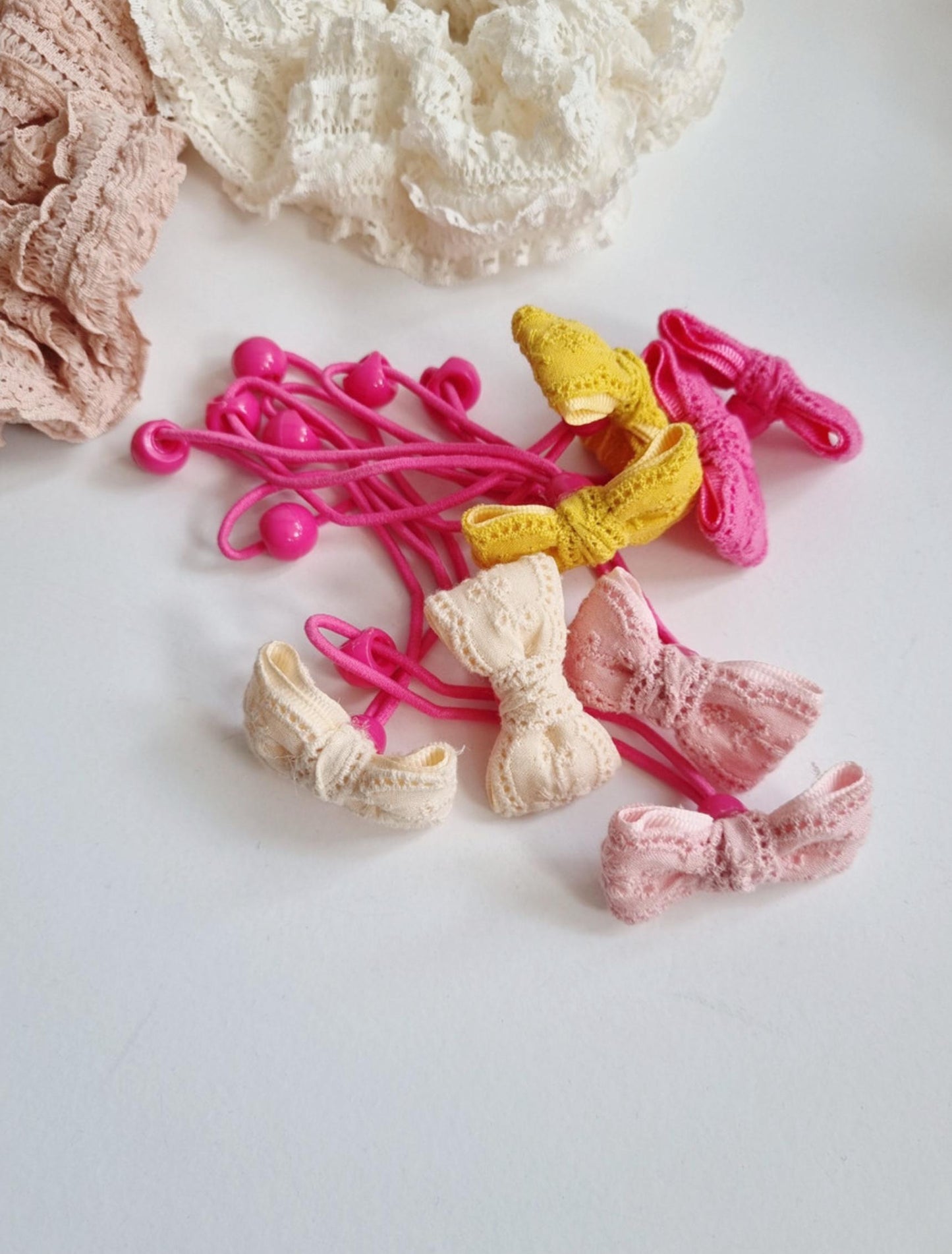 Lace Ribbon Bow Hair Tie Set Elegant Double Pack pigtail elastics handmade ribbon bow Korean Kpop idol style mom and girl [with Pinkluvme]