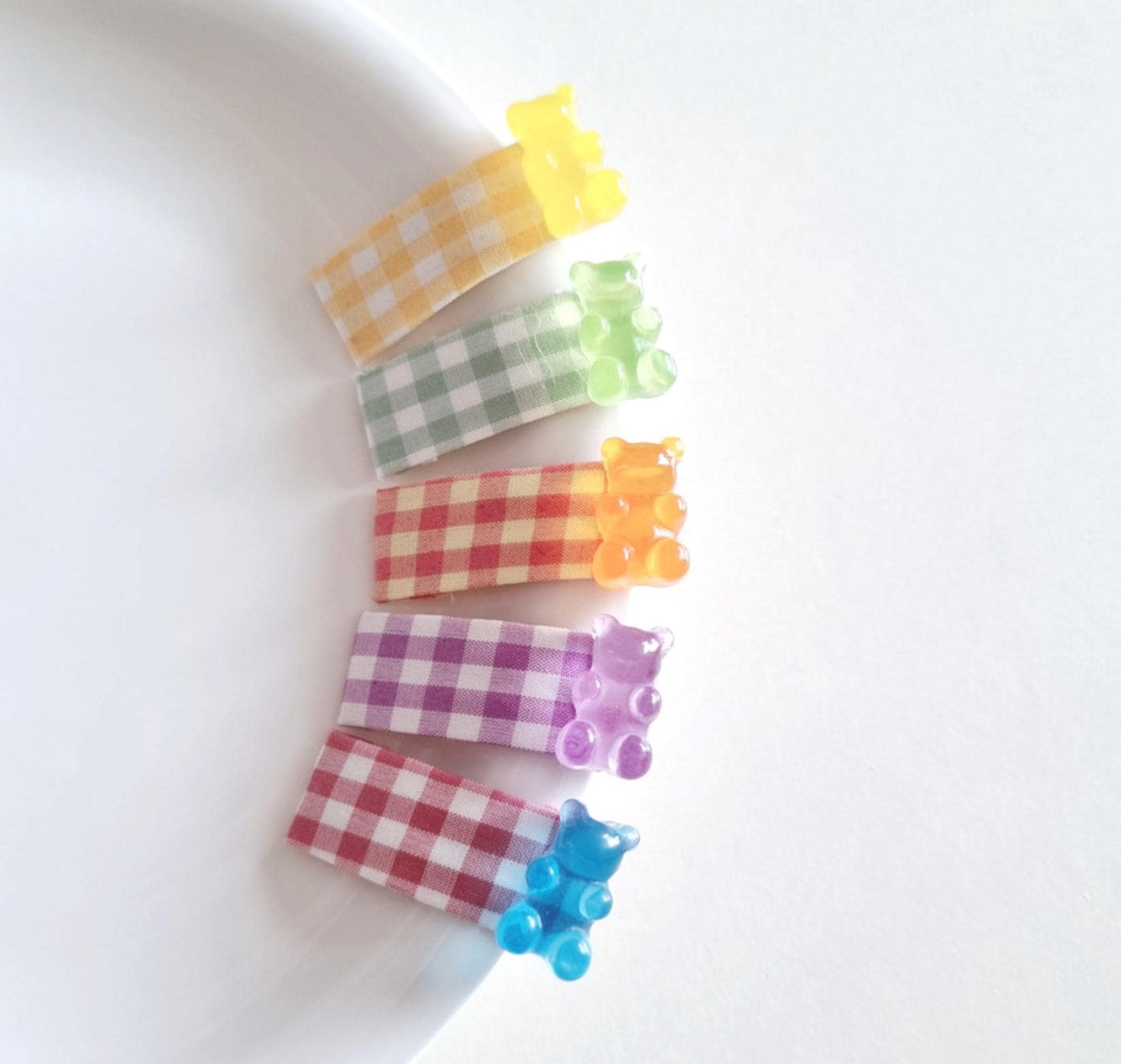 Jelly Gummy Bear Mini Hair Snap Clip 5-Piece Set Handmade in Korea checkered fabric mom and girl look school daily [with Pinkluvme]