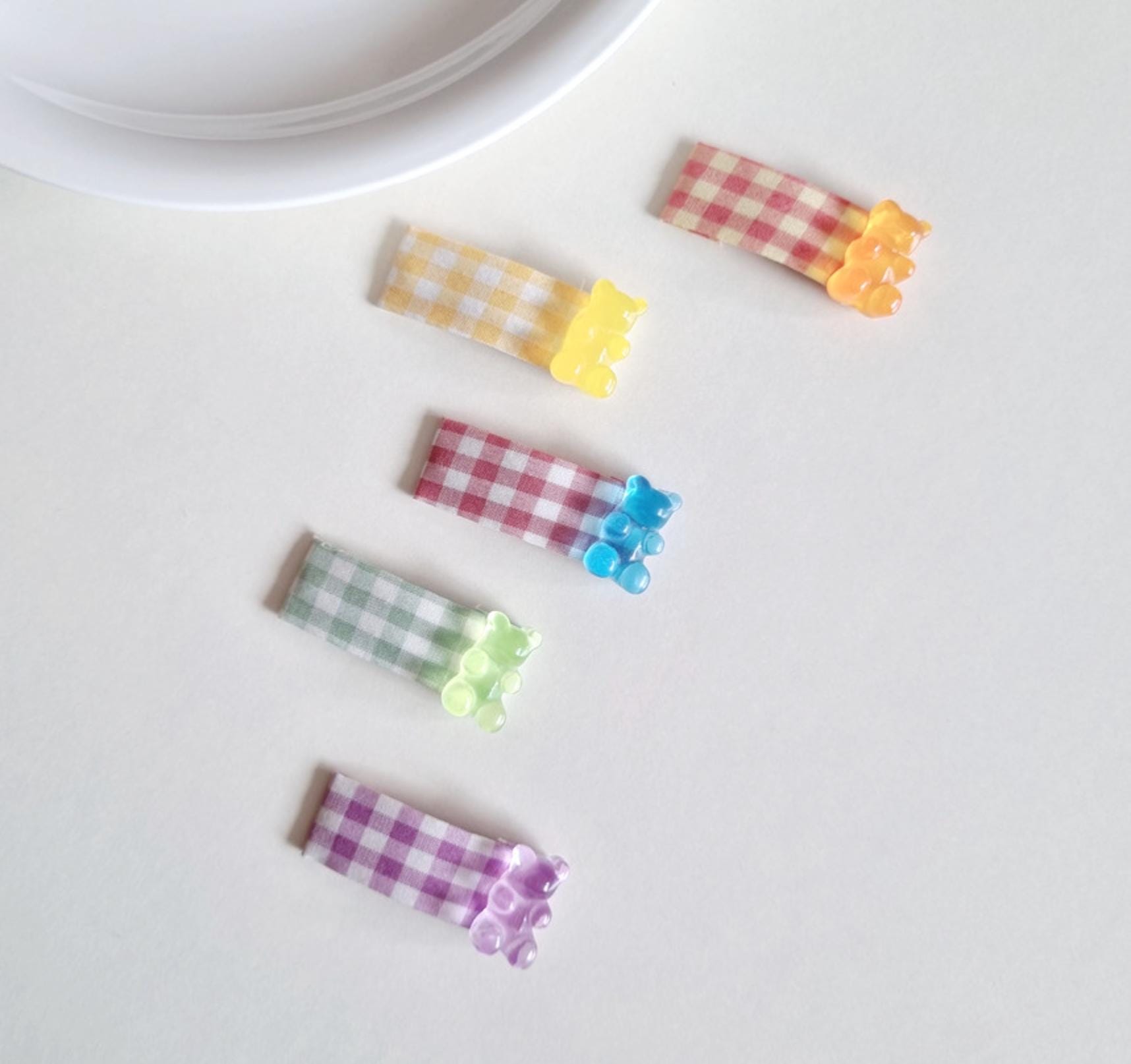 Jelly Gummy Bear Mini Hair Snap Clip 5-Piece Set Handmade in Korea checkered fabric mom and girl look school daily [with Pinkluvme]