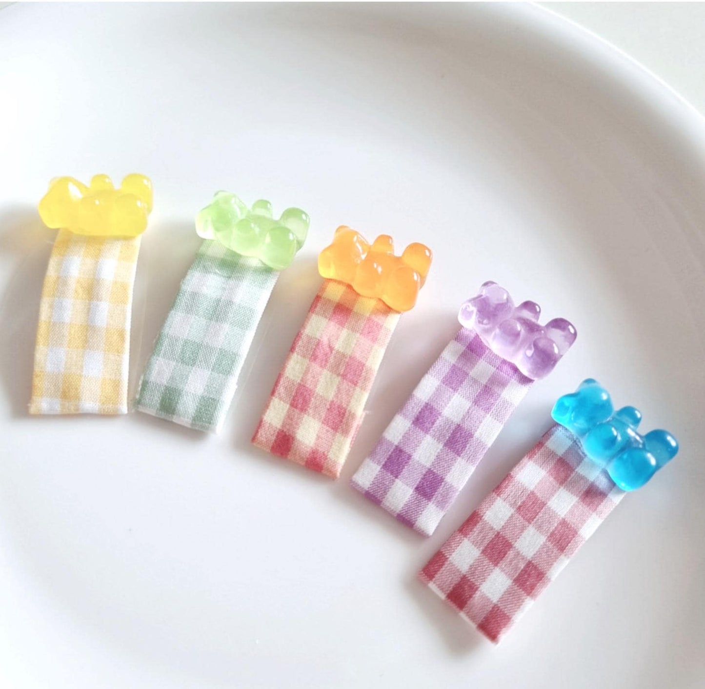 Jelly Gummy Bear Mini Hair Snap Clip 5-Piece Set Handmade in Korea checkered fabric mom and girl look school daily [with Pinkluvme]